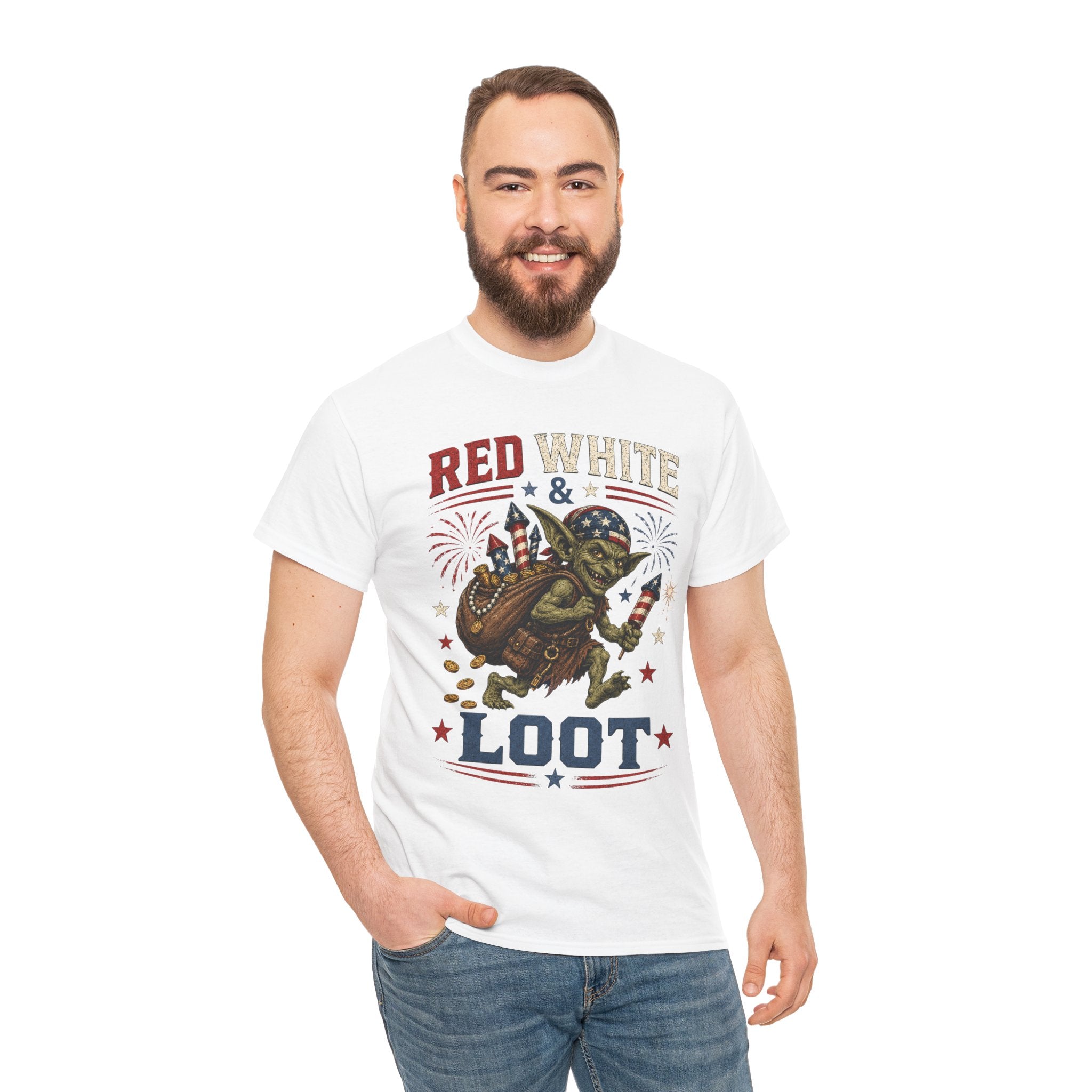 Red White & Loot Goblin Illustration Tee | Patriotic Fourth of July Shirt