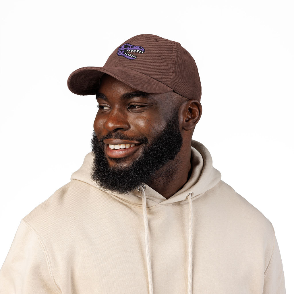 Vintage Corduroy Baseball Cap — Embroidered Purple Dino Skull