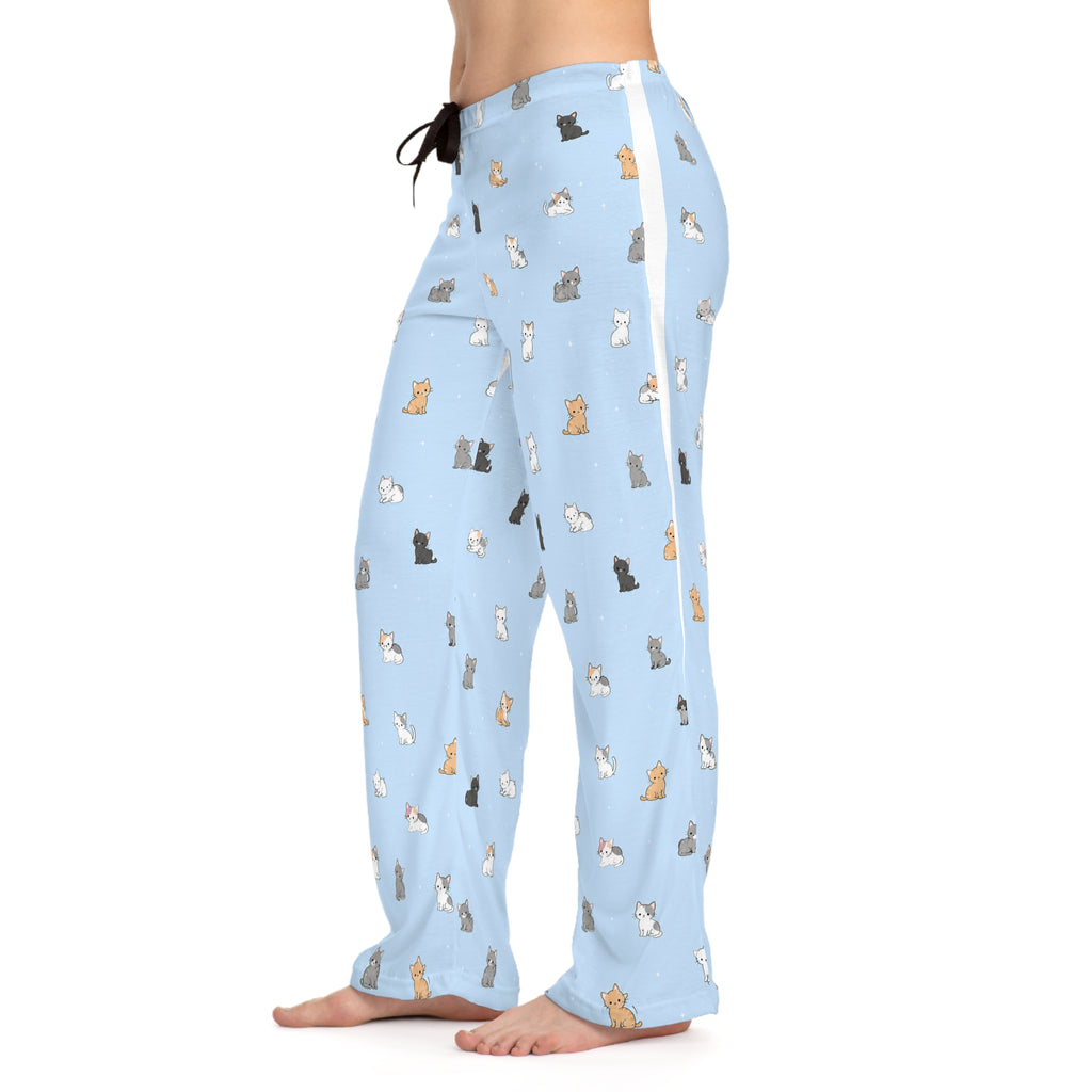 Cat Print Women's Pajama Pants – Light Blue All-Over Cute Kitten Lounge Pants