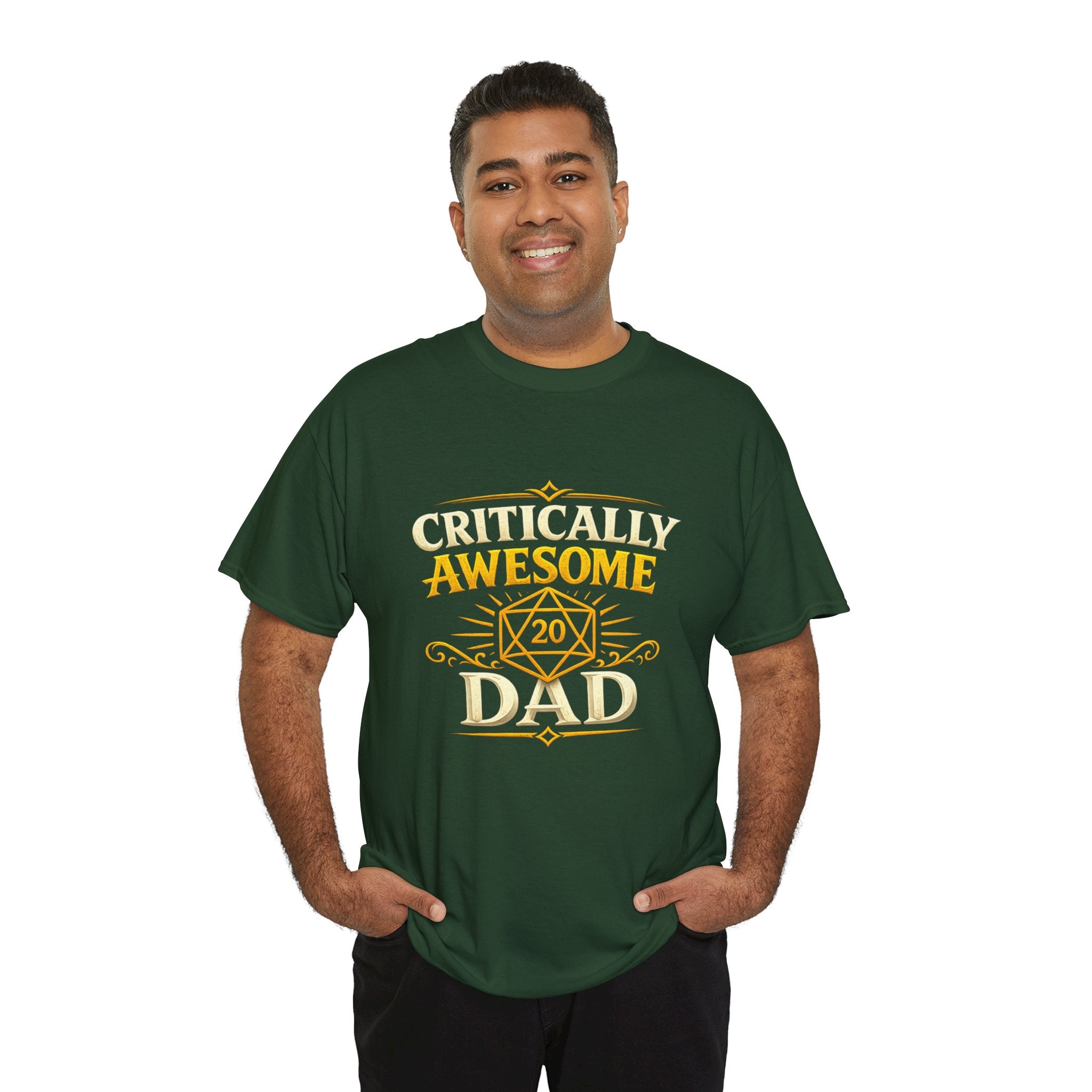 Critically Awesome Dad T‑Shirt – Gold D20 Gaming Father Tee (Father’s Day, Gamer Dad Gift)