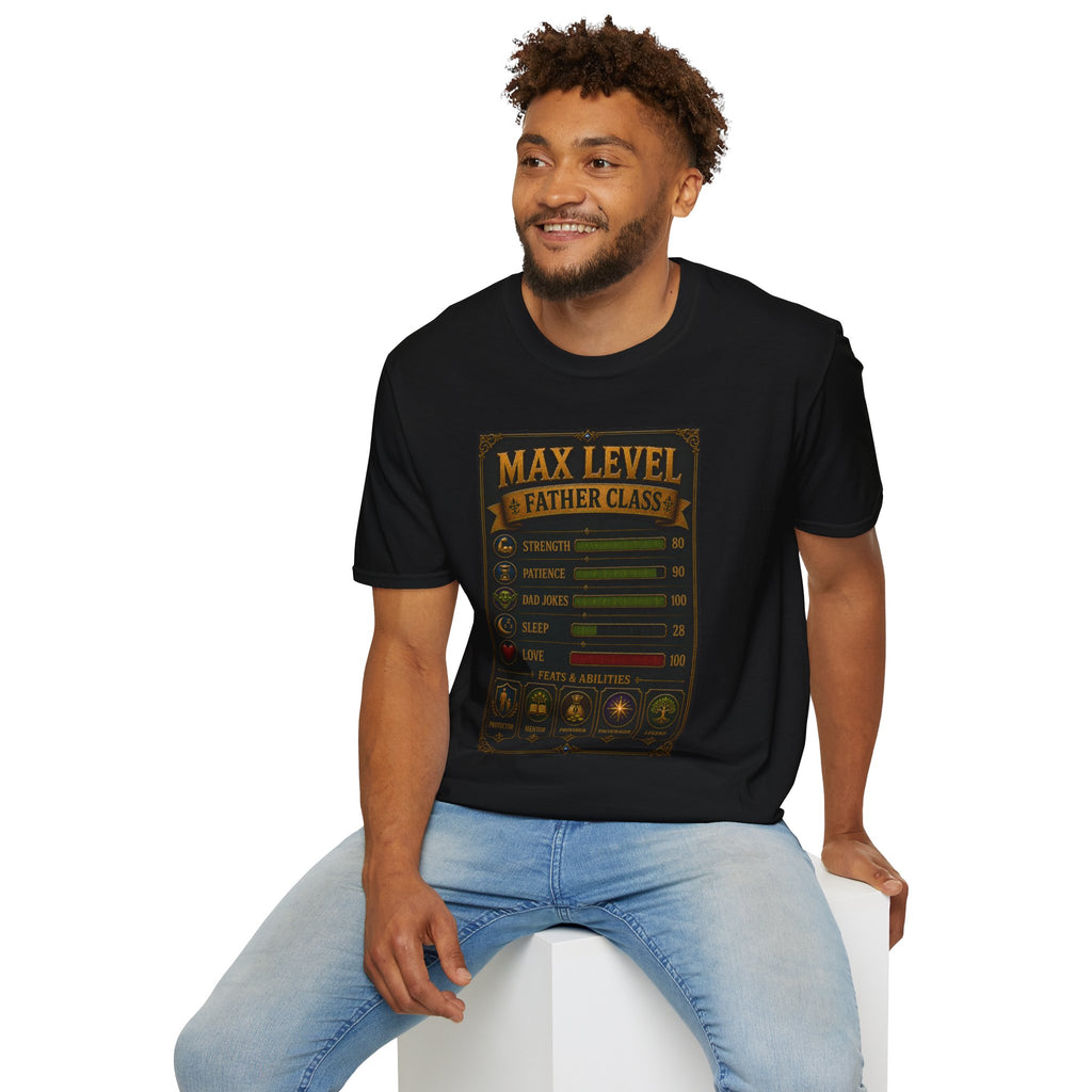 T-Shirt — "Max Level Father Class" Funny Gamer Dad Shirt (Strength, Patience, Dad Jokes)