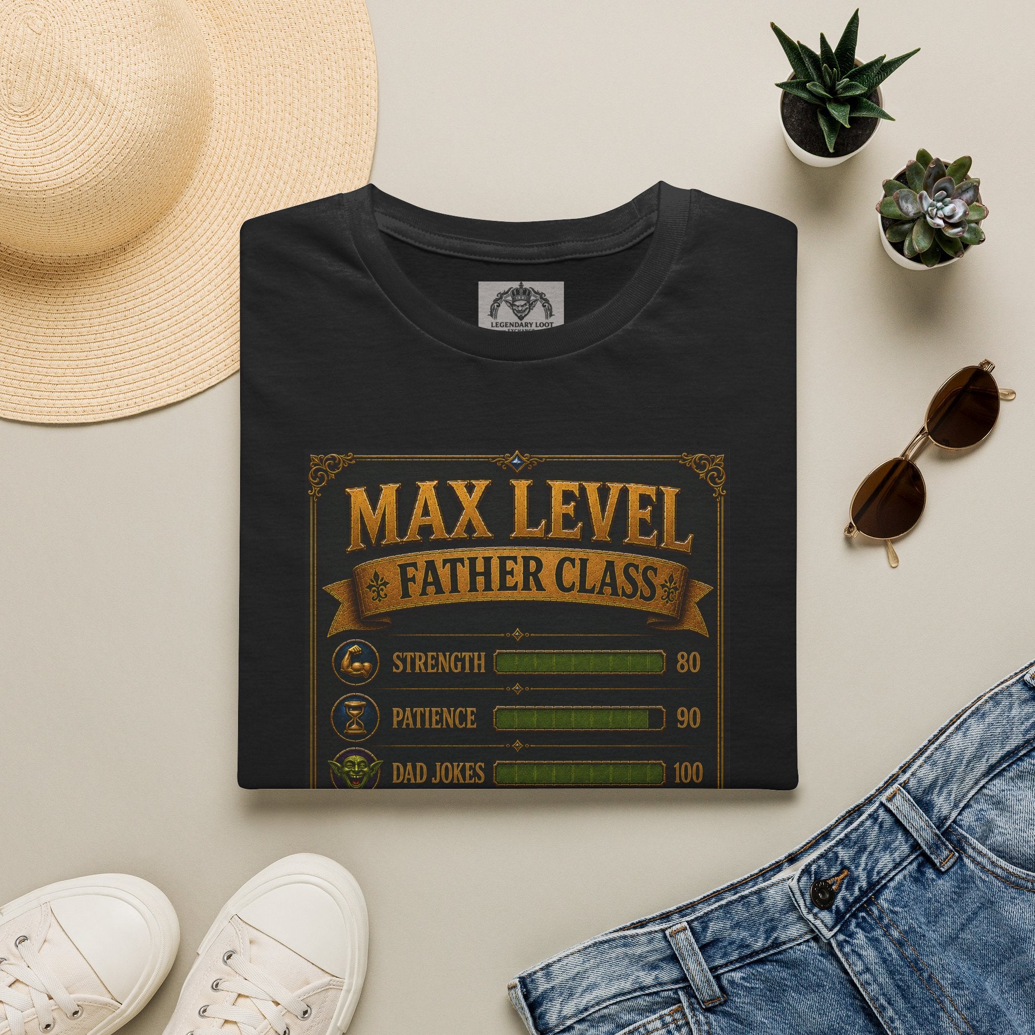 T-Shirt — "Max Level Father Class" Funny Gamer Dad Shirt (Strength, Patience, Dad Jokes)