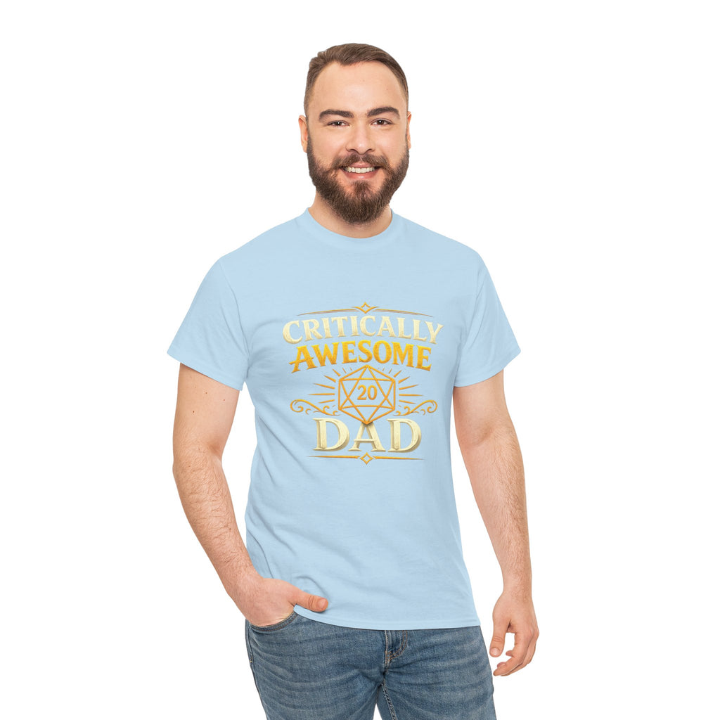 Critically Awesome Dad T‑Shirt – Gold D20 Gaming Father Tee (Father’s Day, Gamer Dad Gift)