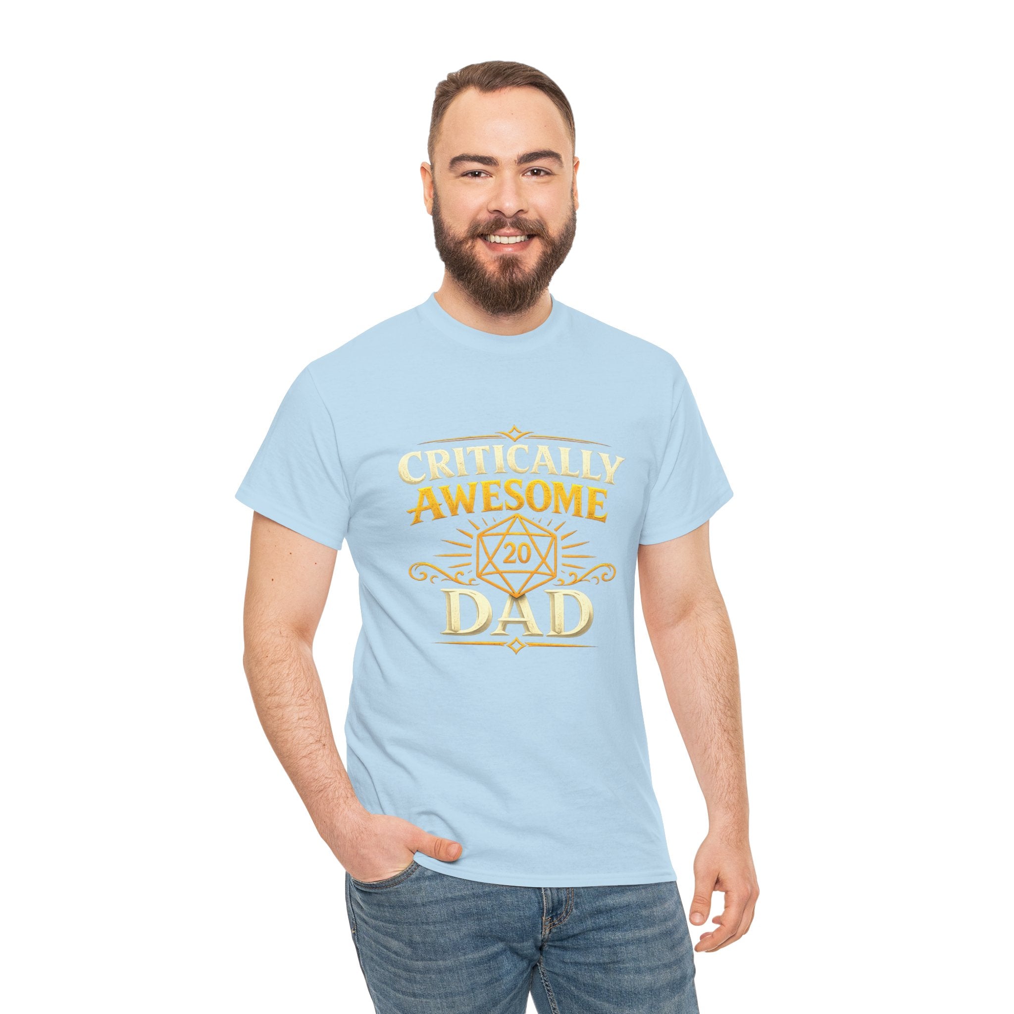 Critically Awesome Dad T‑Shirt – Gold D20 Gaming Father Tee (Father’s Day, Gamer Dad Gift)