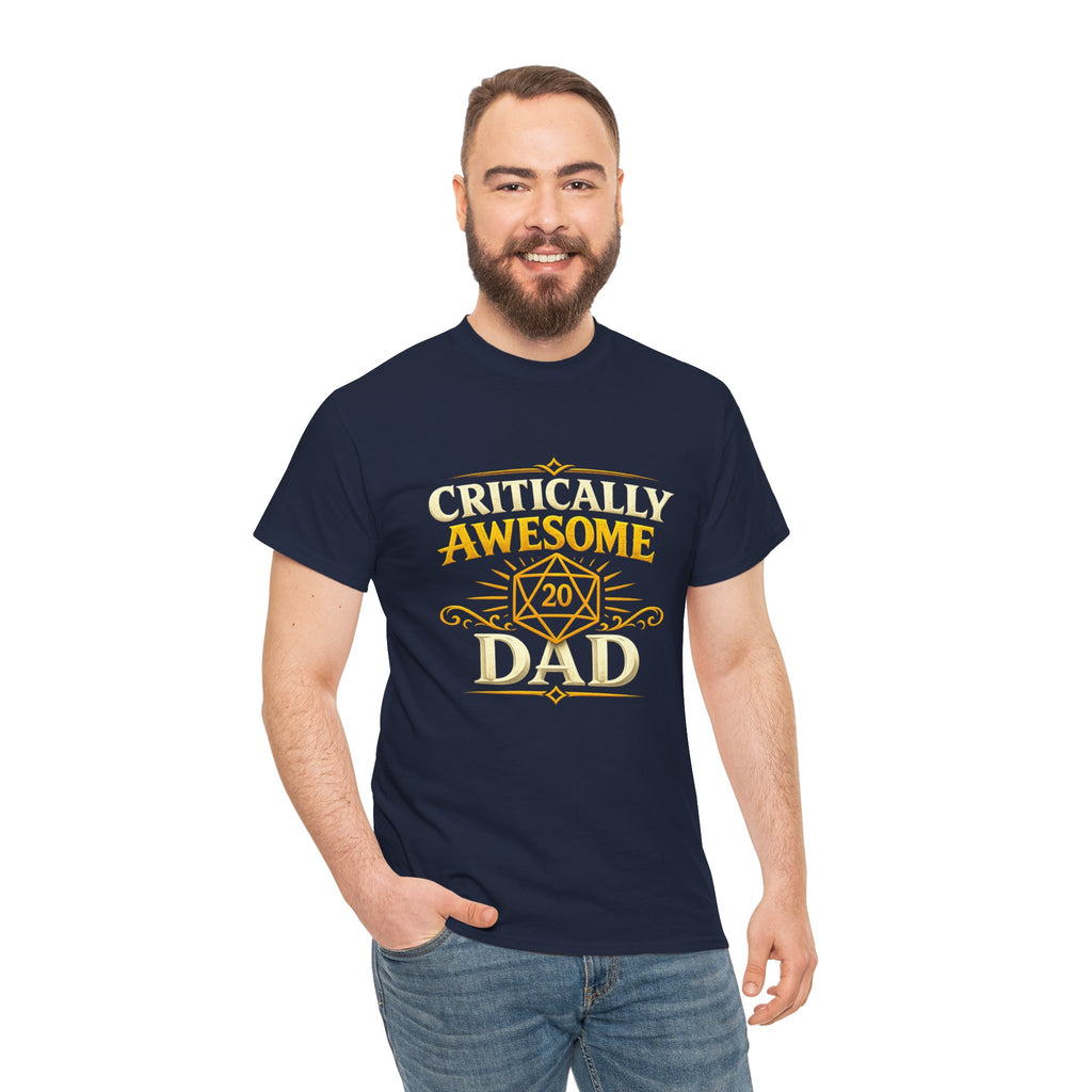 Critically Awesome Dad T‑Shirt – Gold D20 Gaming Father Tee (Father’s Day, Gamer Dad Gift)