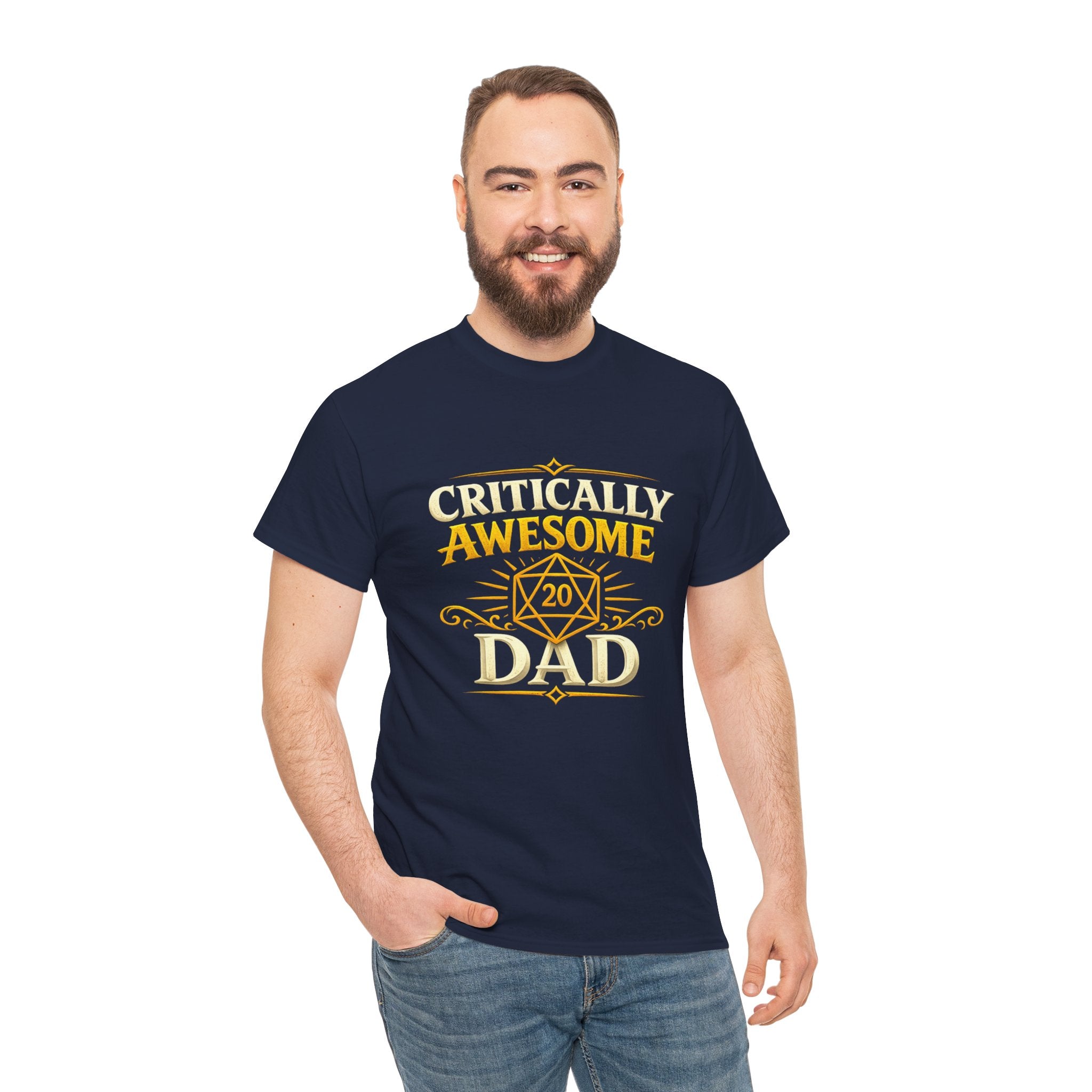 Critically Awesome Dad T‑Shirt – Gold D20 Gaming Father Tee (Father’s Day, Gamer Dad Gift)