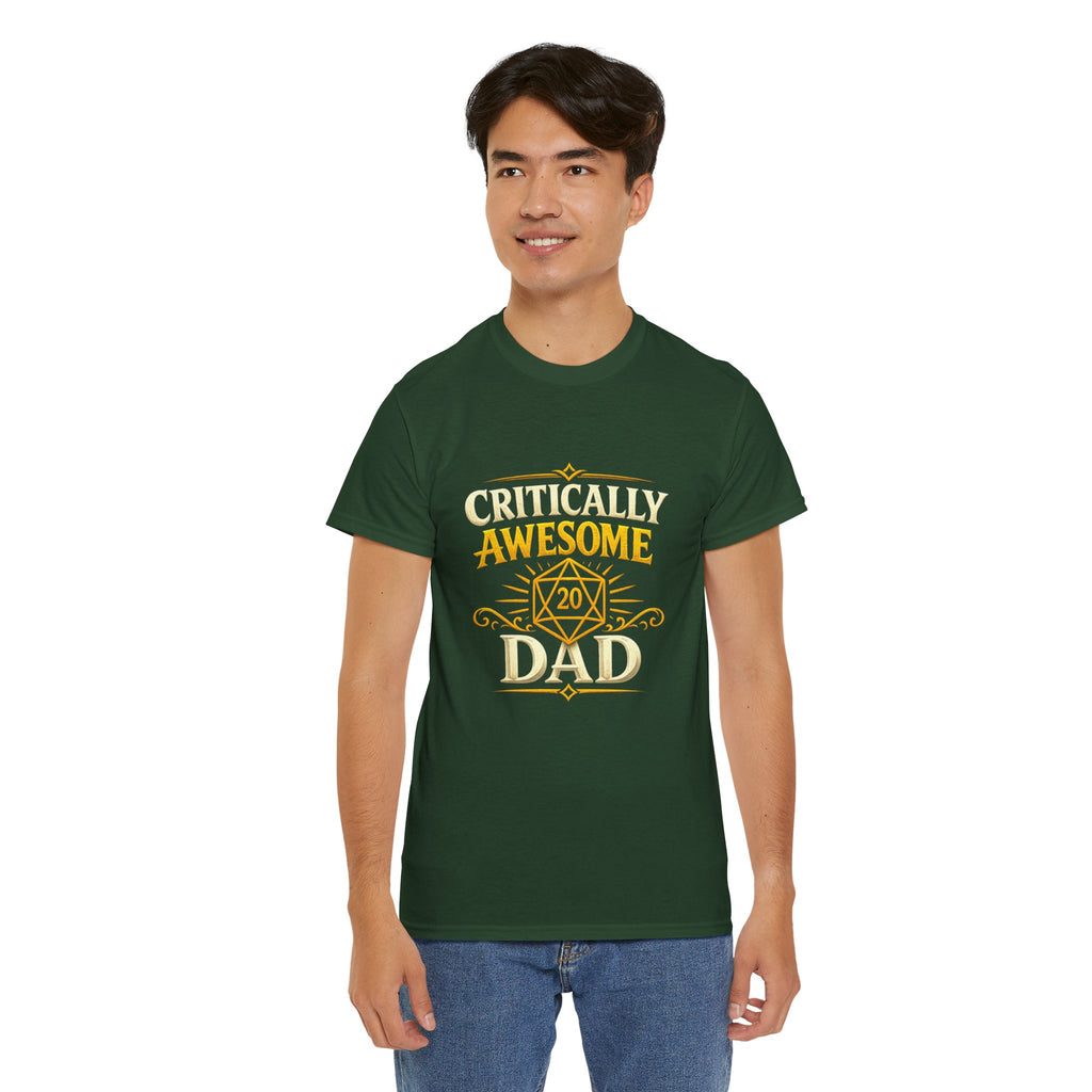 Critically Awesome Dad T‑Shirt – Gold D20 Gaming Father Tee (Father’s Day, Gamer Dad Gift)