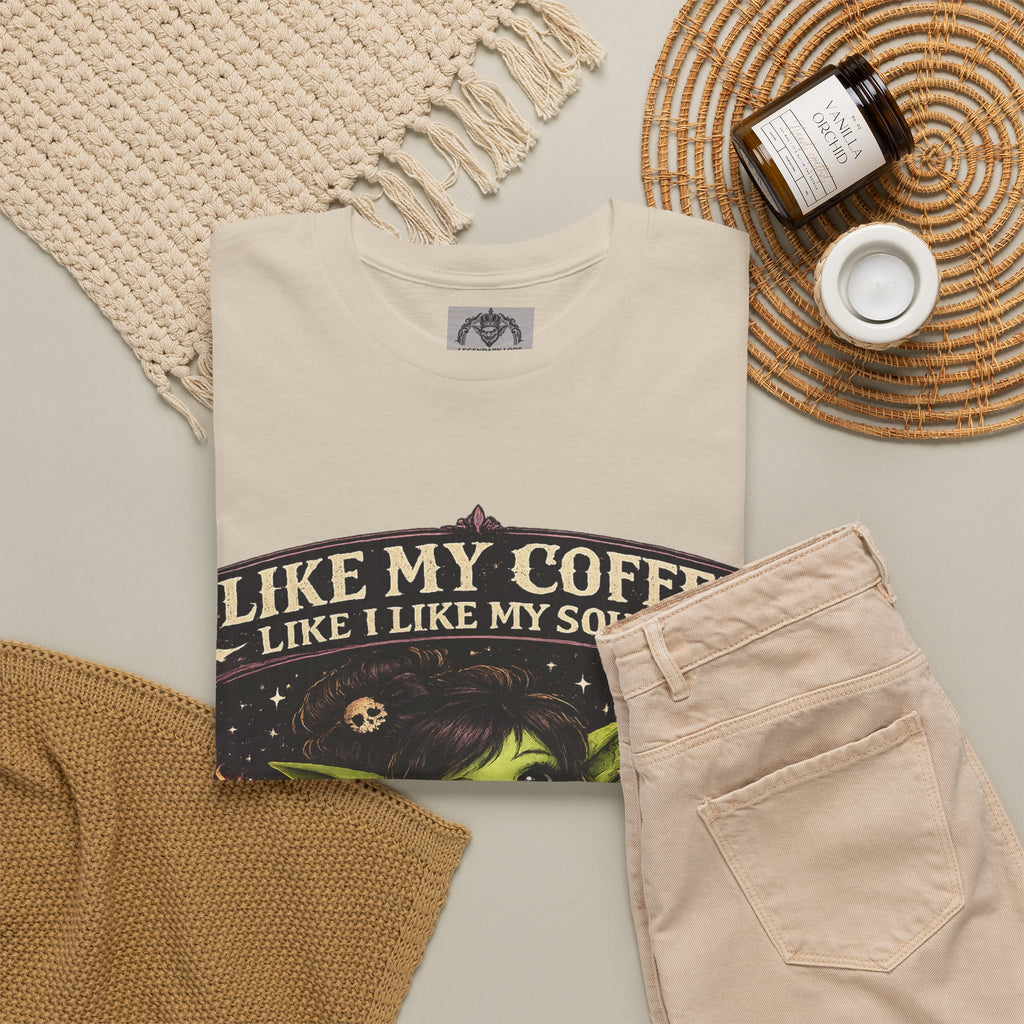 Like My Coffee Tee — "Like My Coffee Like I Like My Souls: Dark and Consumed Daily" Gothic Graphic T-Shirt