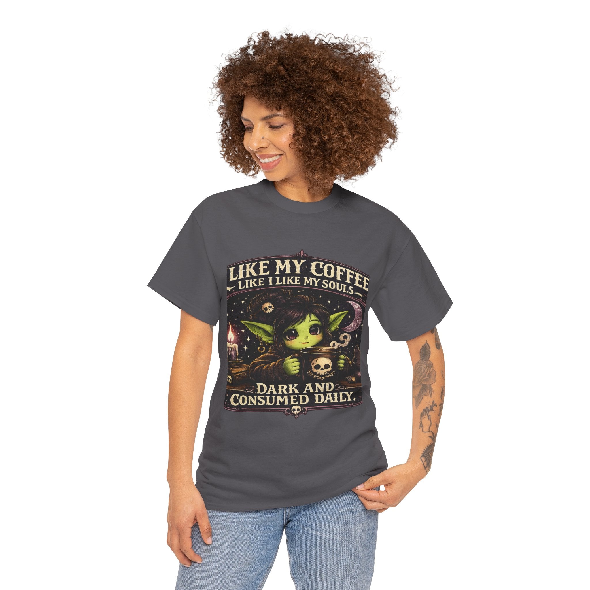 Like My Coffee Tee — "Like My Coffee Like I Like My Souls: Dark and Consumed Daily" Gothic Graphic T-Shirt