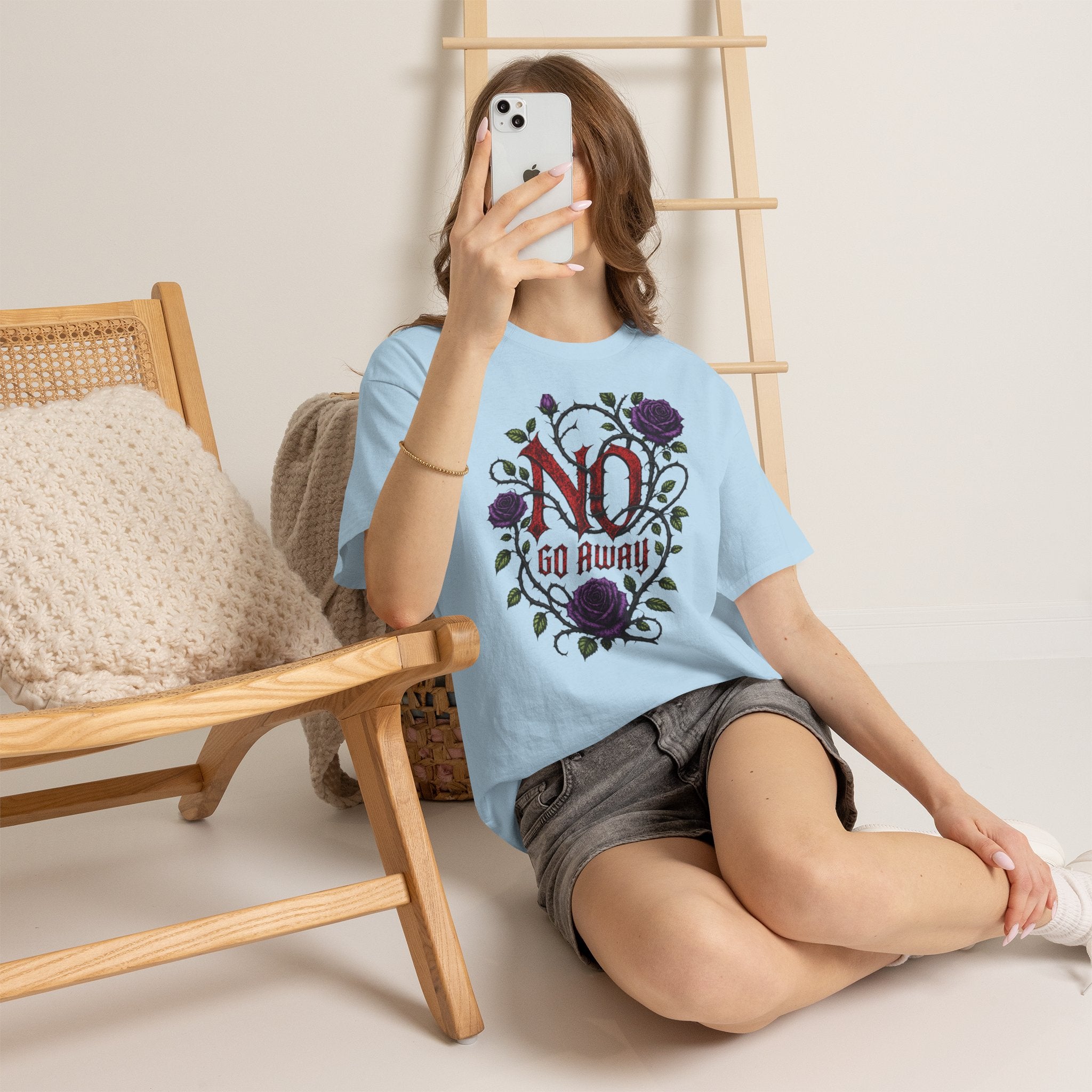 No Go Away T-Shirt | Gothic Purple Roses, Dark Floral Typography