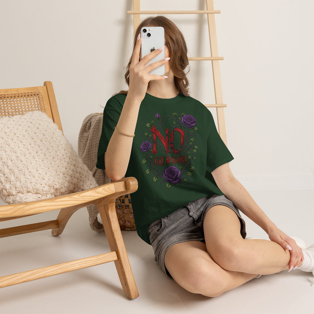 No Go Away T-Shirt | Gothic Purple Roses, Dark Floral Typography