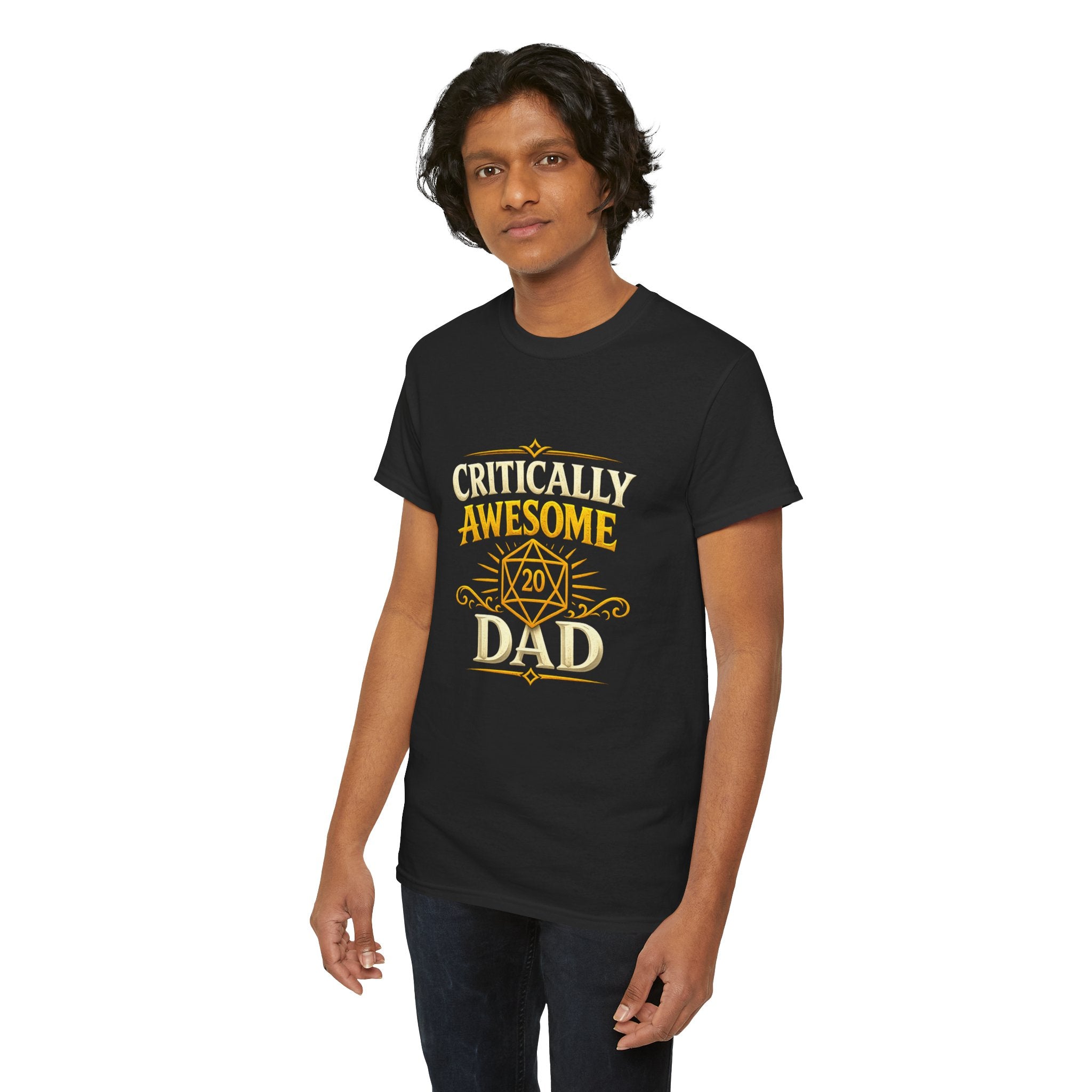 Critically Awesome Dad T‑Shirt – Gold D20 Gaming Father Tee (Father’s Day, Gamer Dad Gift)