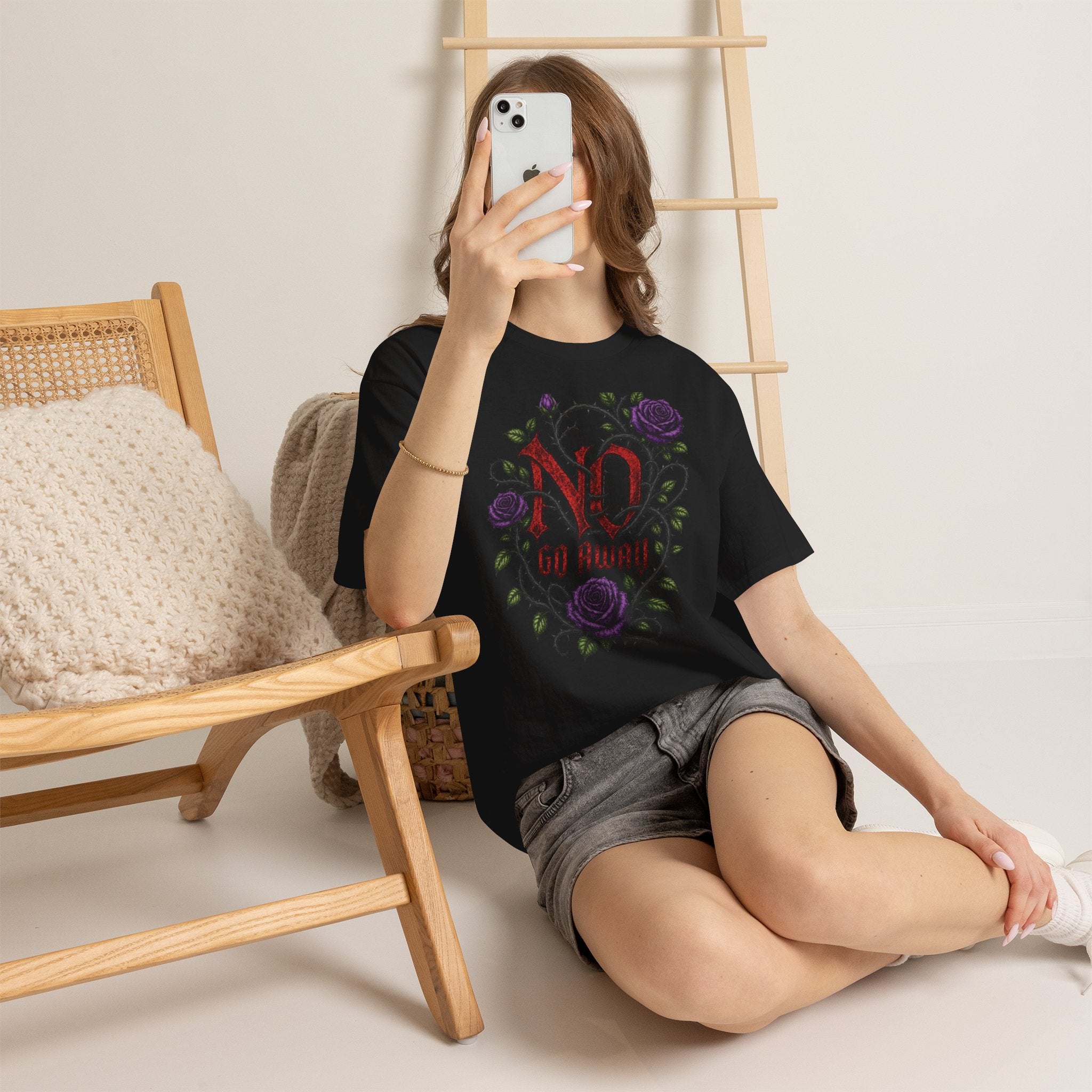 No Go Away T-Shirt | Gothic Purple Roses, Dark Floral Typography