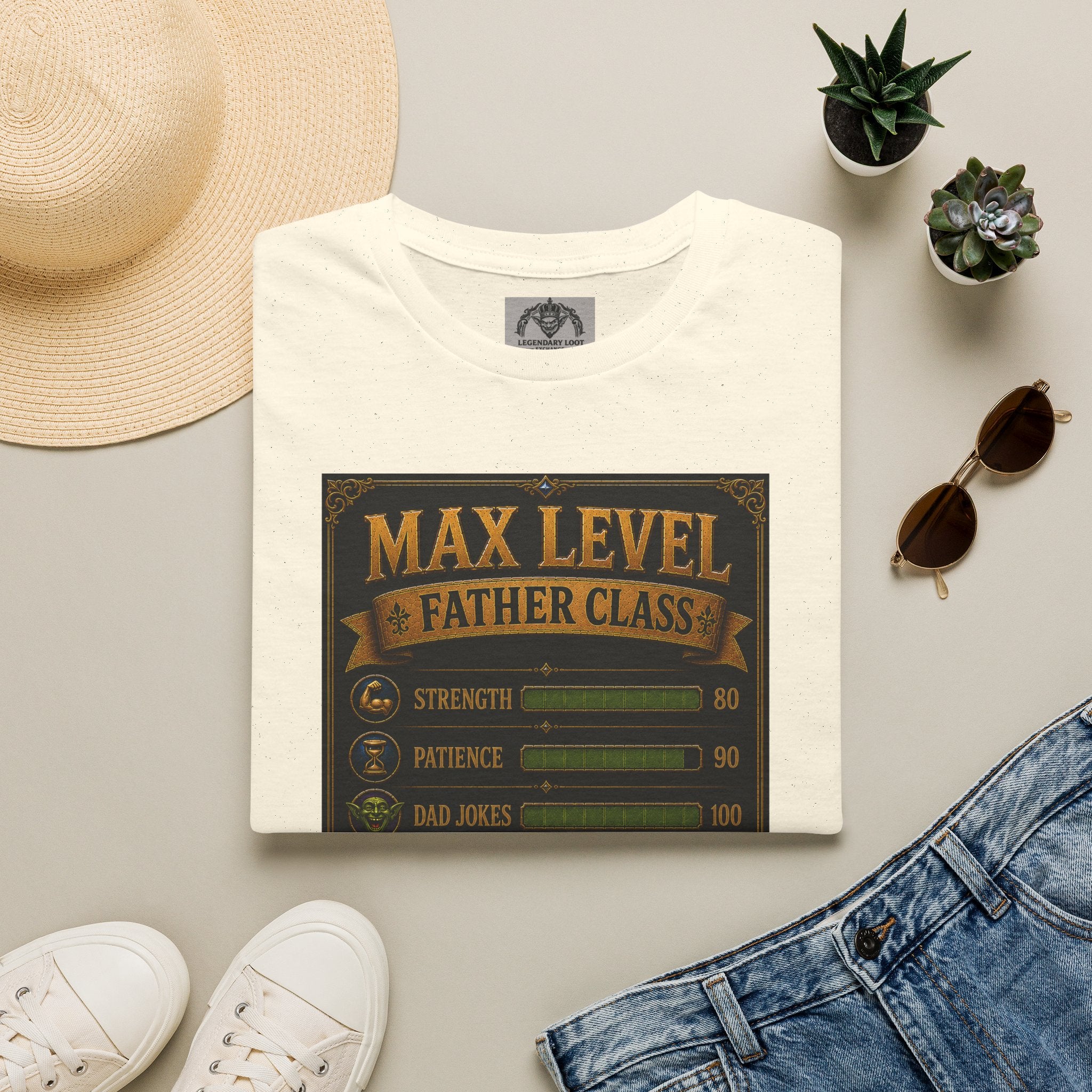 T-Shirt — "Max Level Father Class" Funny Gamer Dad Shirt (Strength, Patience, Dad Jokes)