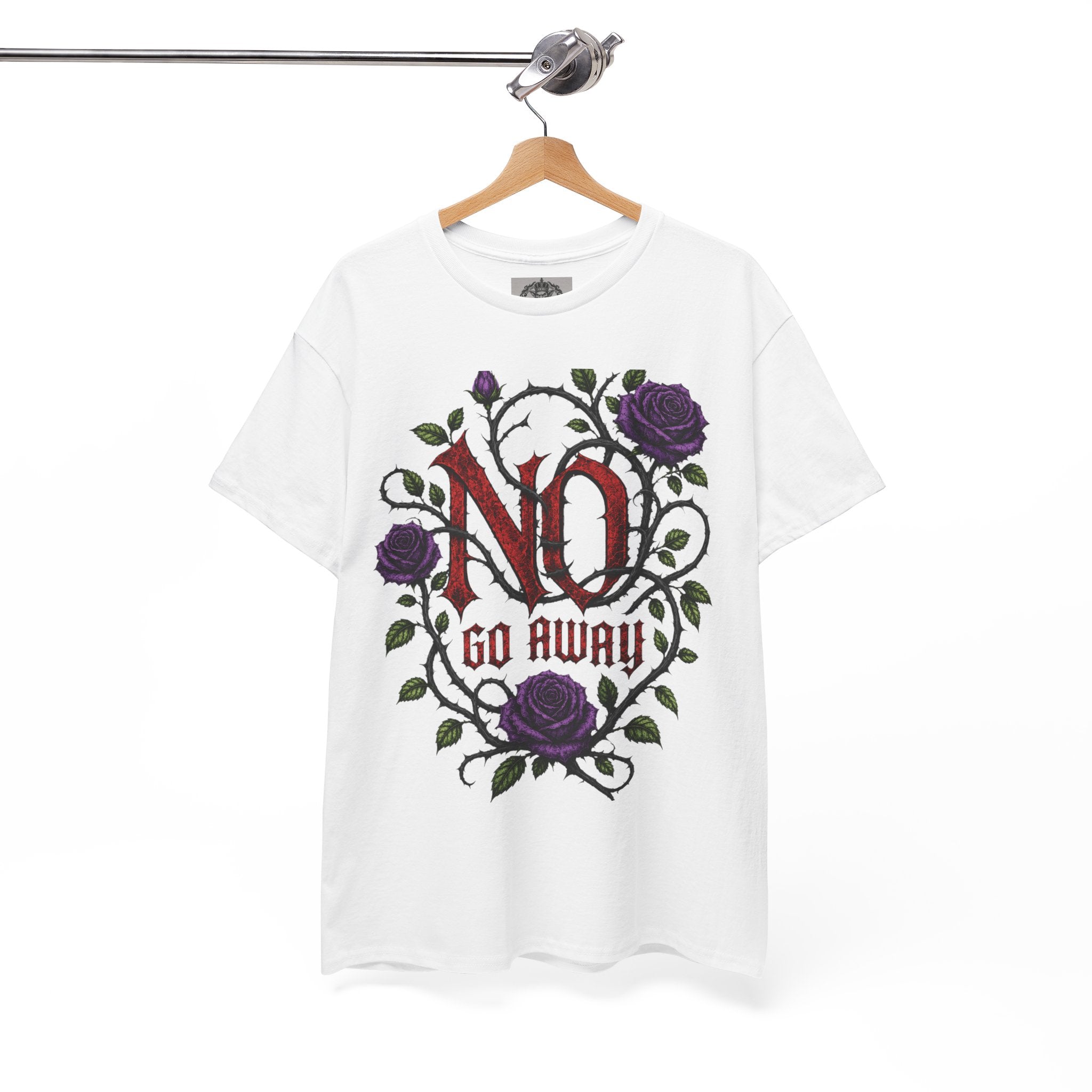 No Go Away T-Shirt | Gothic Purple Roses, Dark Floral Typography