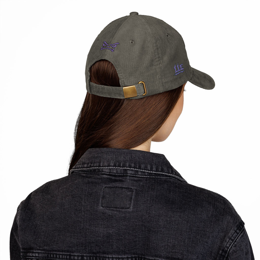 Vintage Corduroy Baseball Cap — Embroidered Purple Dino Skull
