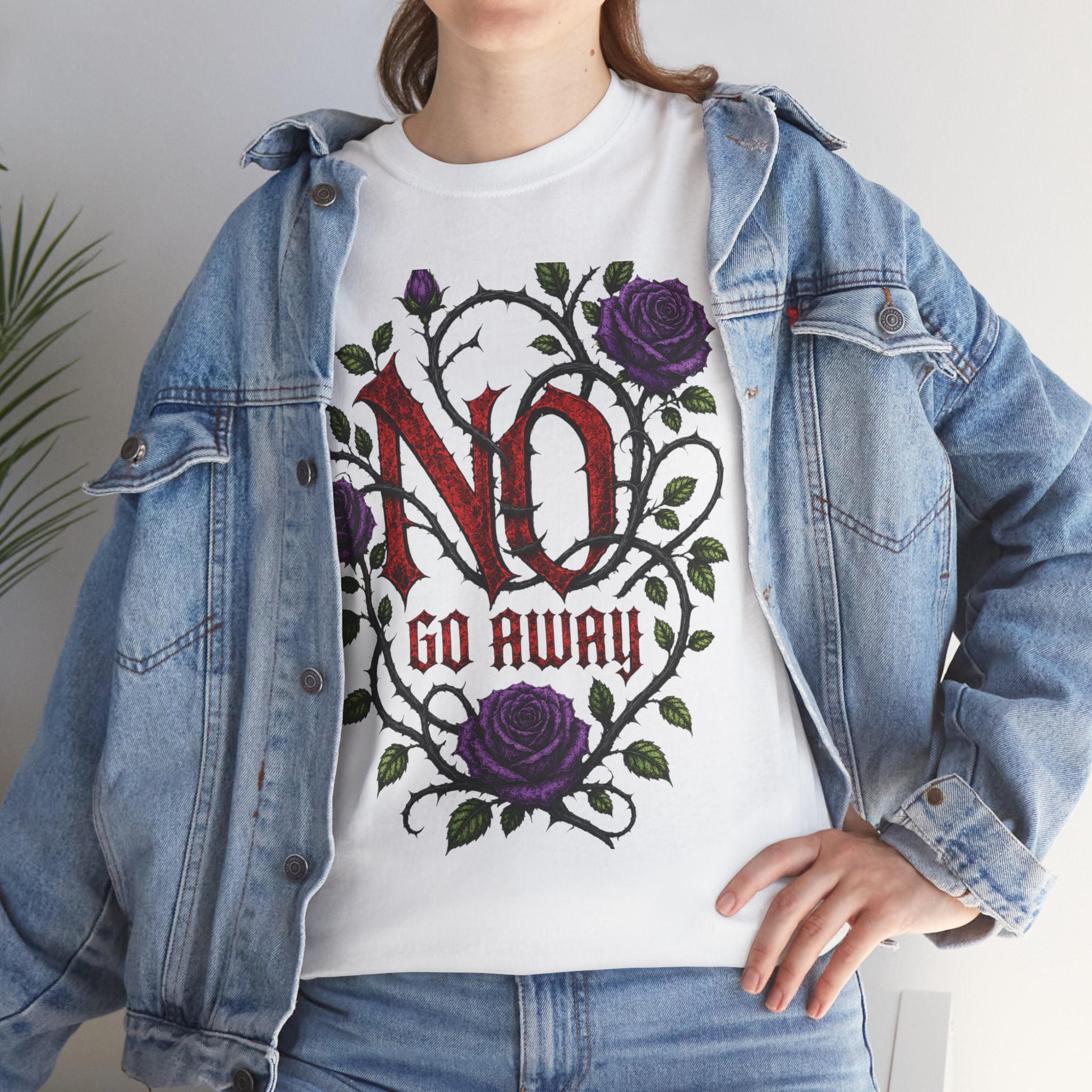 No Go Away T-Shirt | Gothic Purple Roses, Dark Floral Typography
