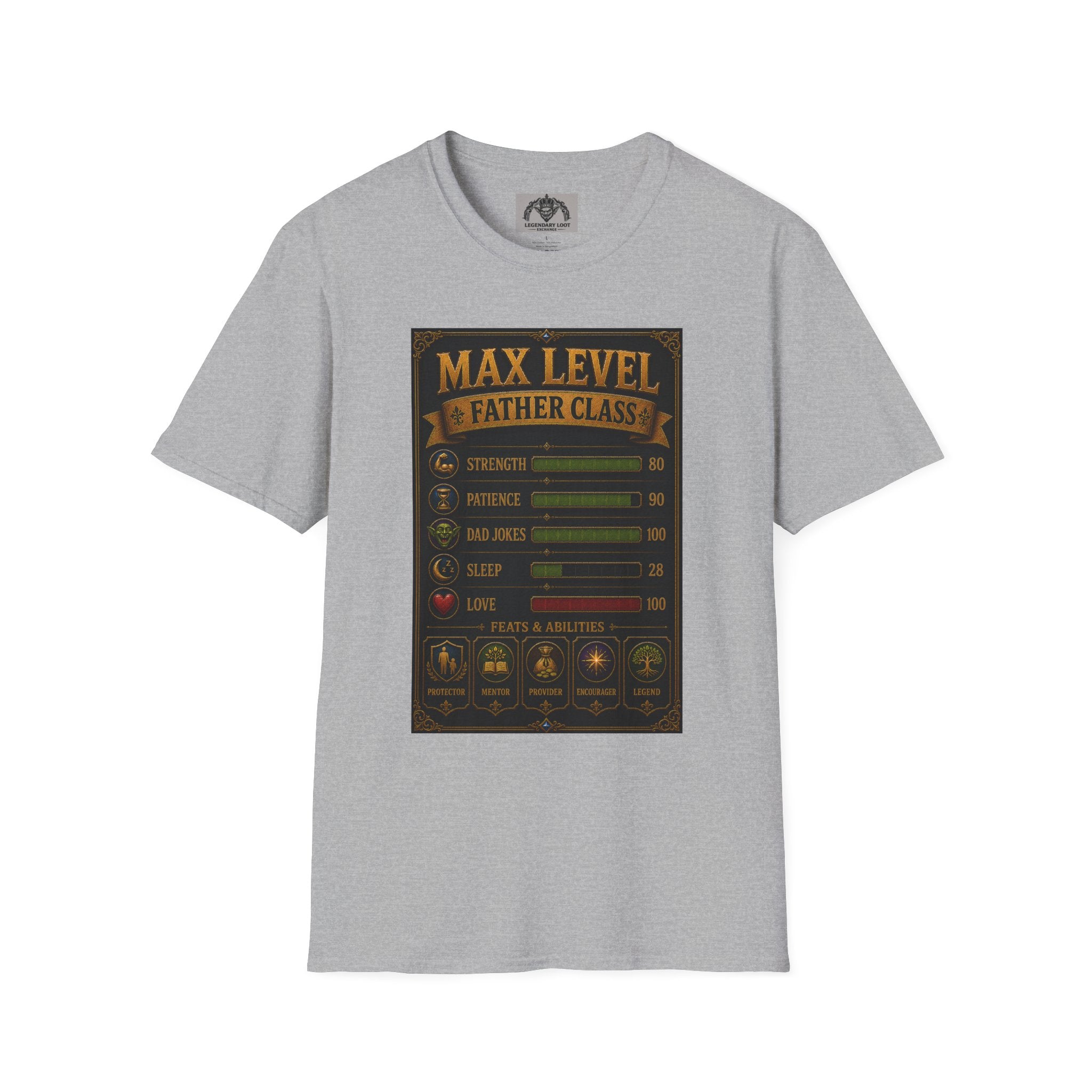 T-Shirt — "Max Level Father Class" Funny Gamer Dad Shirt (Strength, Patience, Dad Jokes)