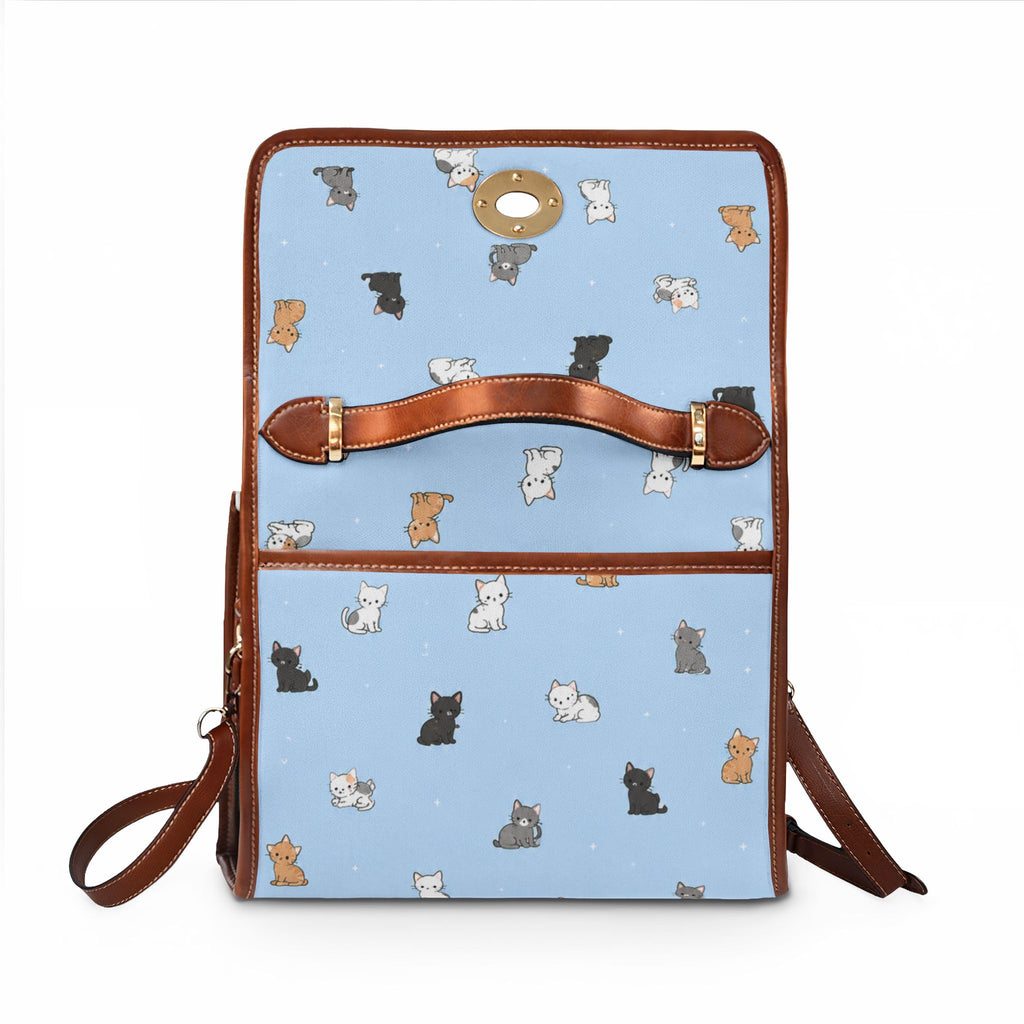 Cute Cat Pattern Waterproof Canvas Bag | Light Blue Cat Print Handbag