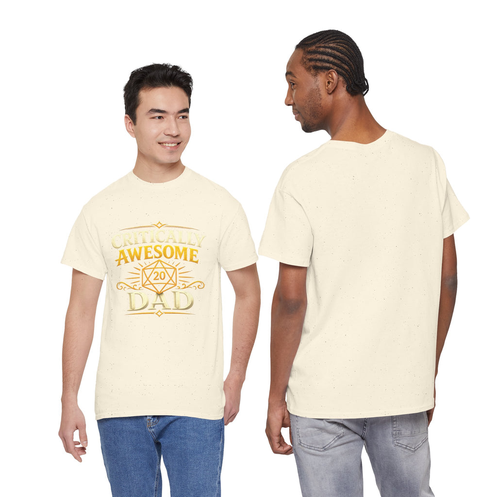 Critically Awesome Dad T‑Shirt – Gold D20 Gaming Father Tee (Father’s Day, Gamer Dad Gift)
