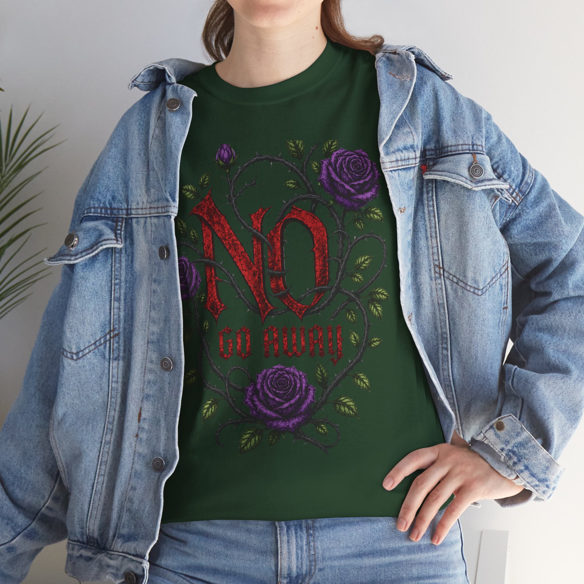 No Go Away T-Shirt | Gothic Purple Roses, Dark Floral Typography