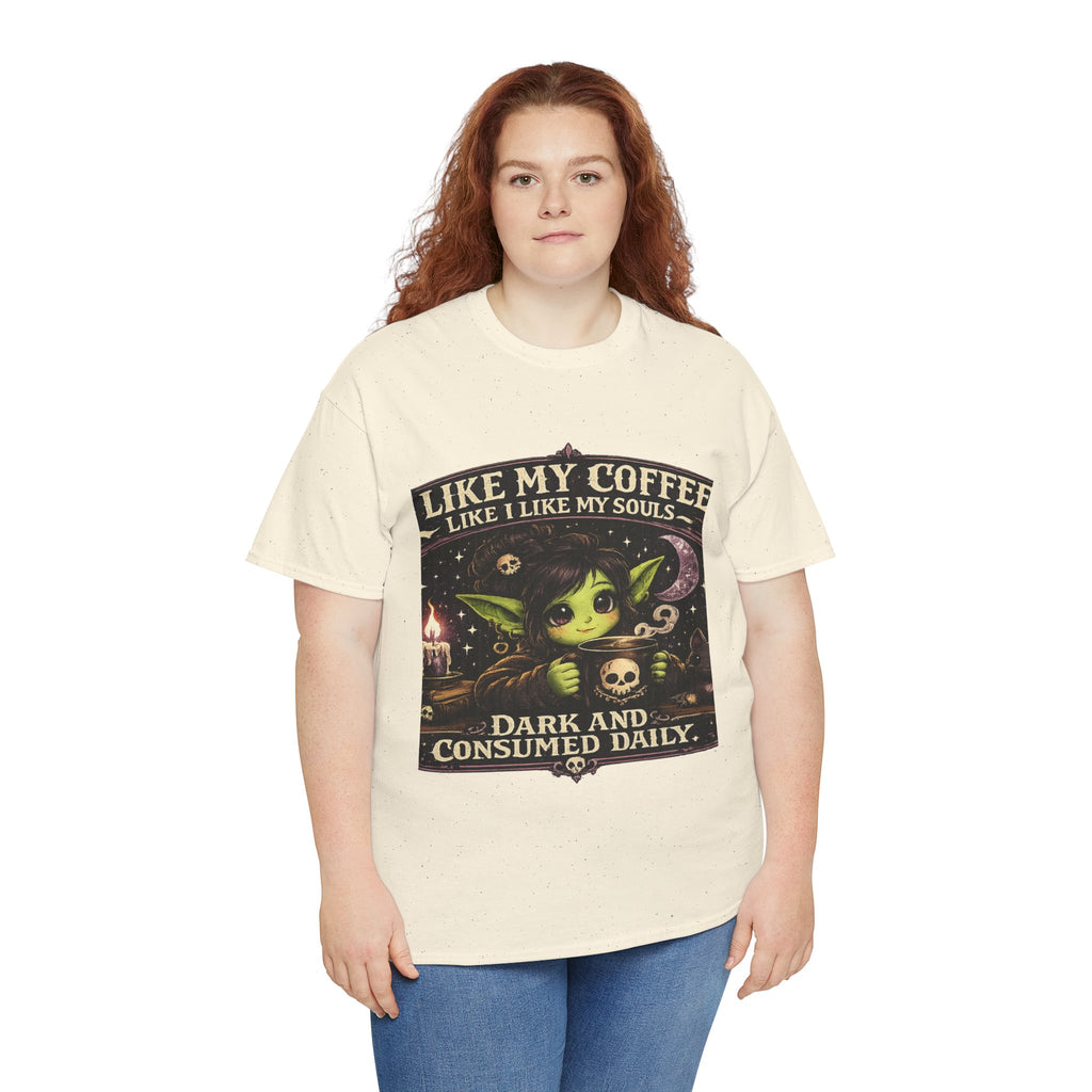 Like My Coffee Tee — "Like My Coffee Like I Like My Souls: Dark and Consumed Daily" Gothic Graphic T-Shirt