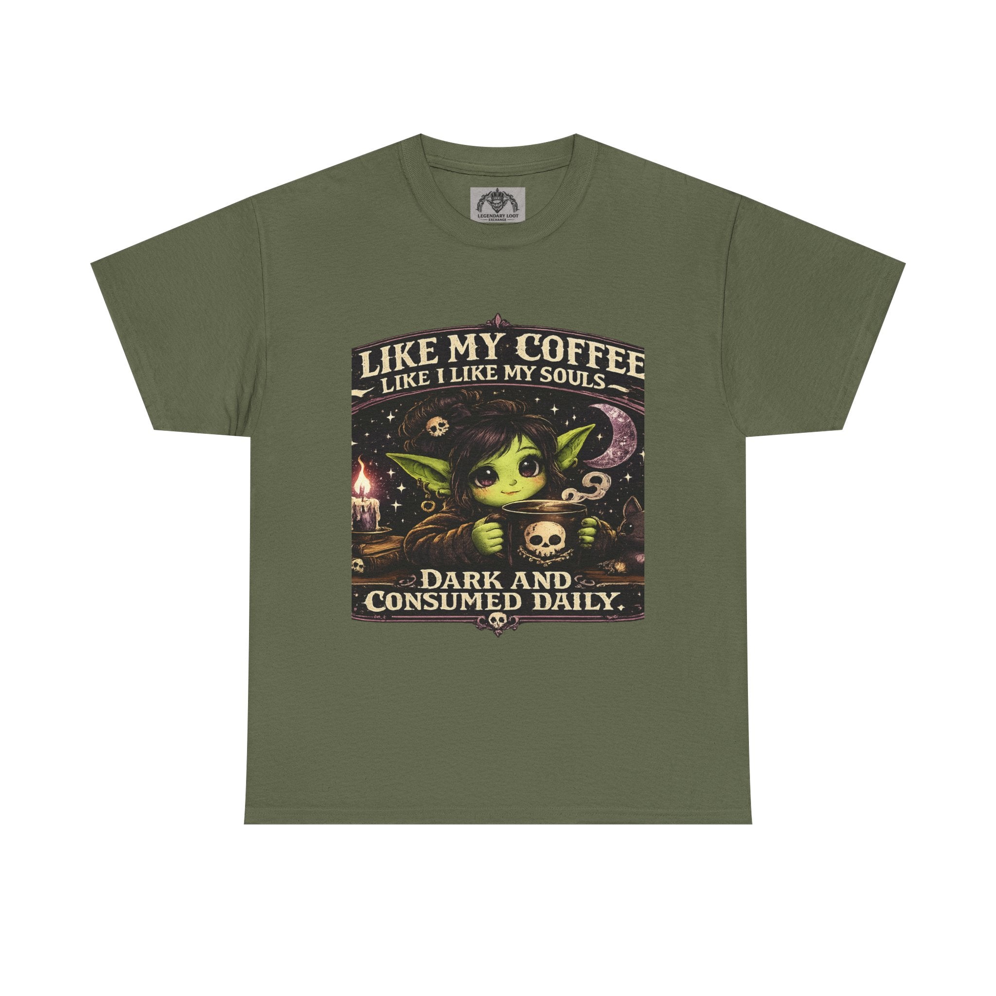 Like My Coffee Tee — "Like My Coffee Like I Like My Souls: Dark and Consumed Daily" Gothic Graphic T-Shirt