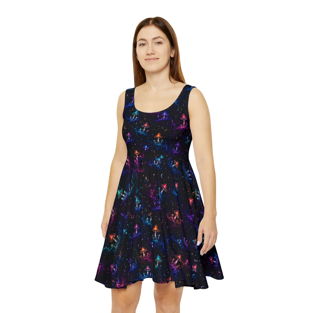 Neon Galaxy Mushroom Pattern Skater Dress | Space Nebula Stars All-Over Print