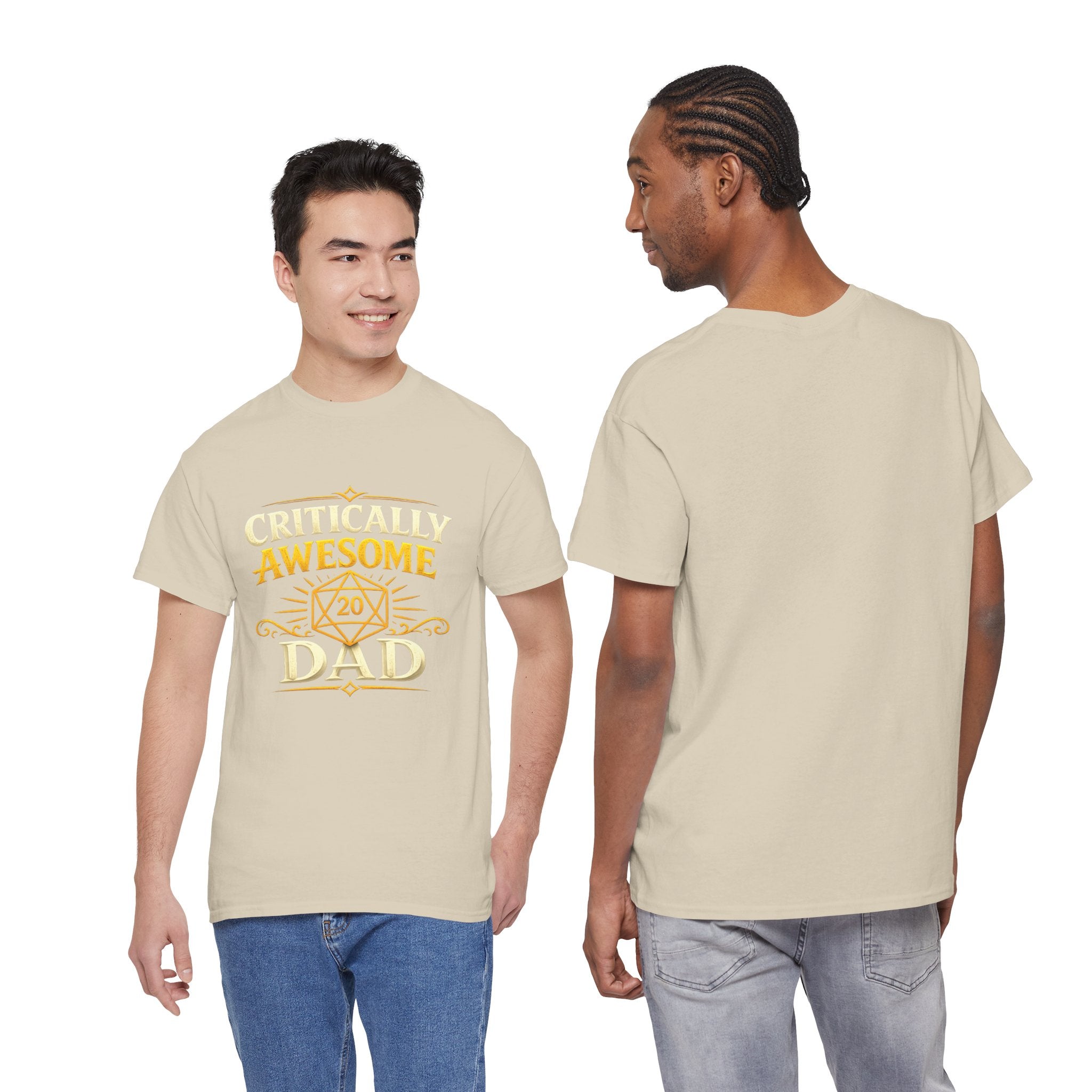 Critically Awesome Dad T‑Shirt – Gold D20 Gaming Father Tee (Father’s Day, Gamer Dad Gift)