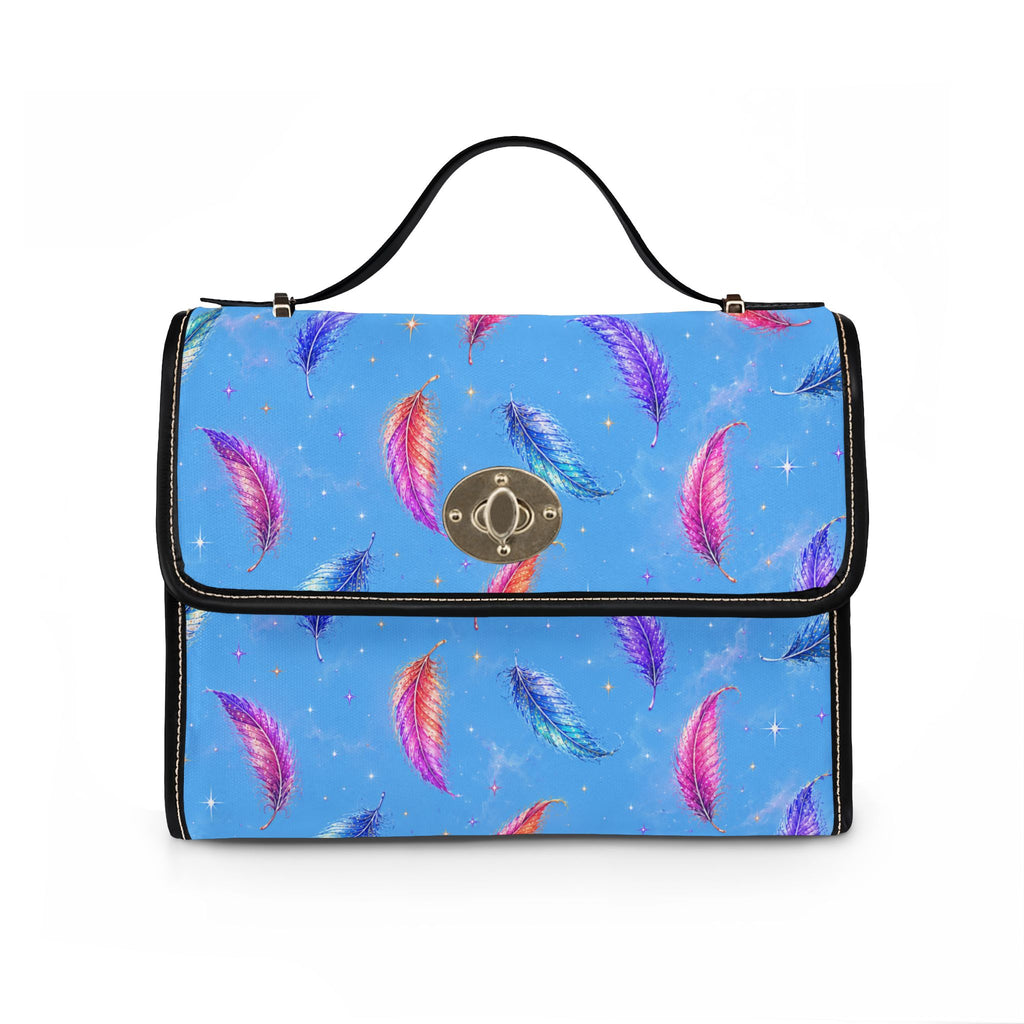 Colorful Watercolor Feathers Waterproof Canvas Bag | Blue Feather Print Tote