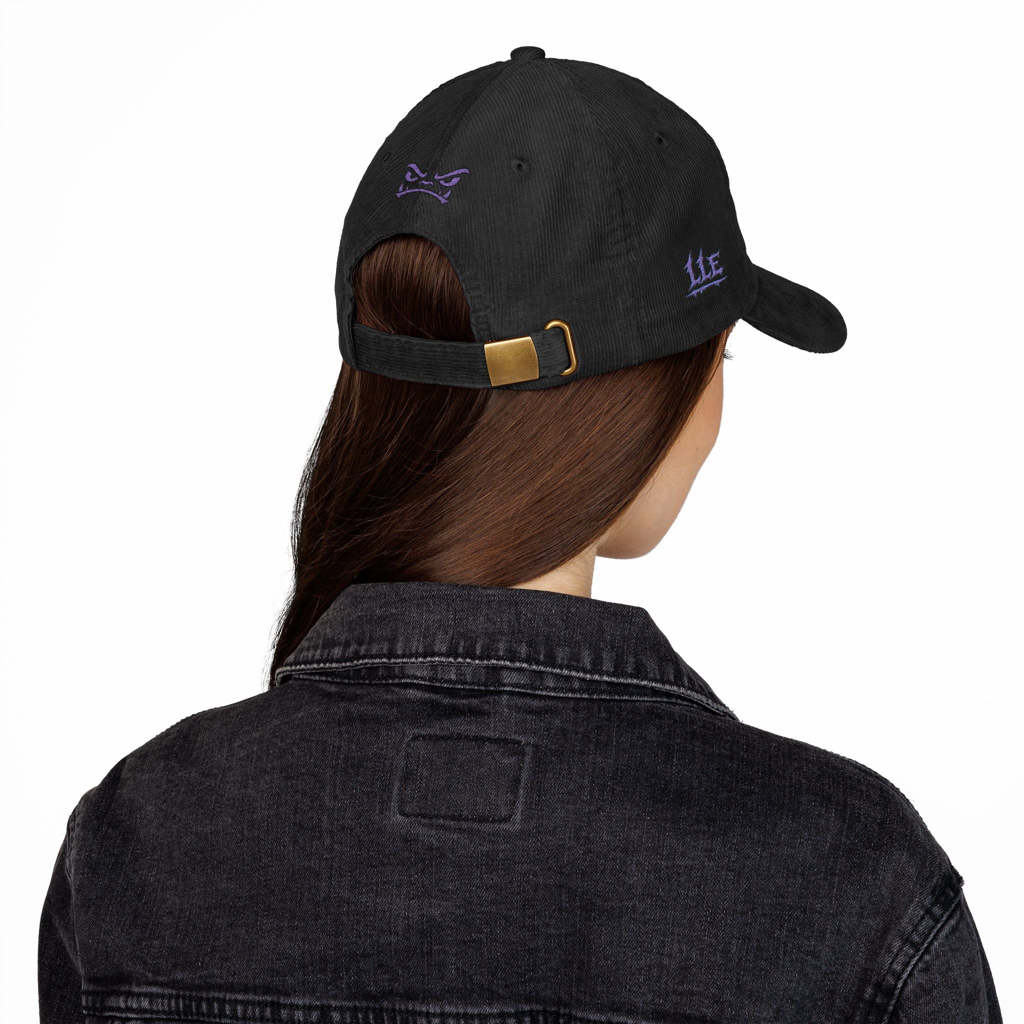 Vintage Corduroy Baseball Cap — Embroidered Purple Dino Skull