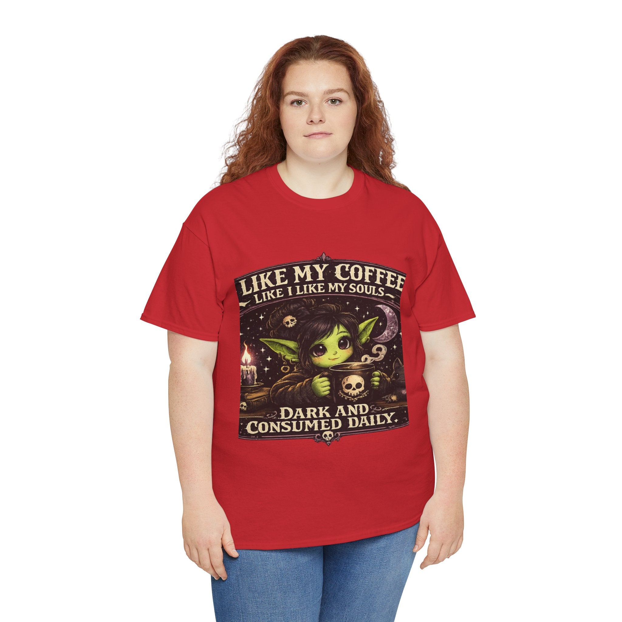 Like My Coffee Tee — "Like My Coffee Like I Like My Souls: Dark and Consumed Daily" Gothic Graphic T-Shirt