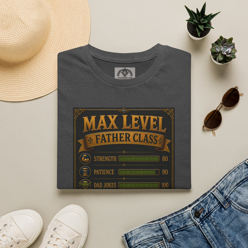 T-Shirt — "Max Level Father Class" Funny Gamer Dad Shirt (Strength, Patience, Dad Jokes)