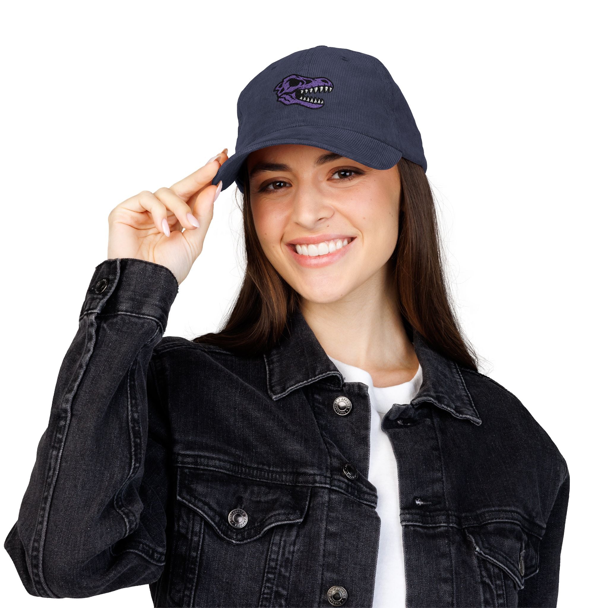 Vintage Corduroy Baseball Cap — Embroidered Purple Dino Skull