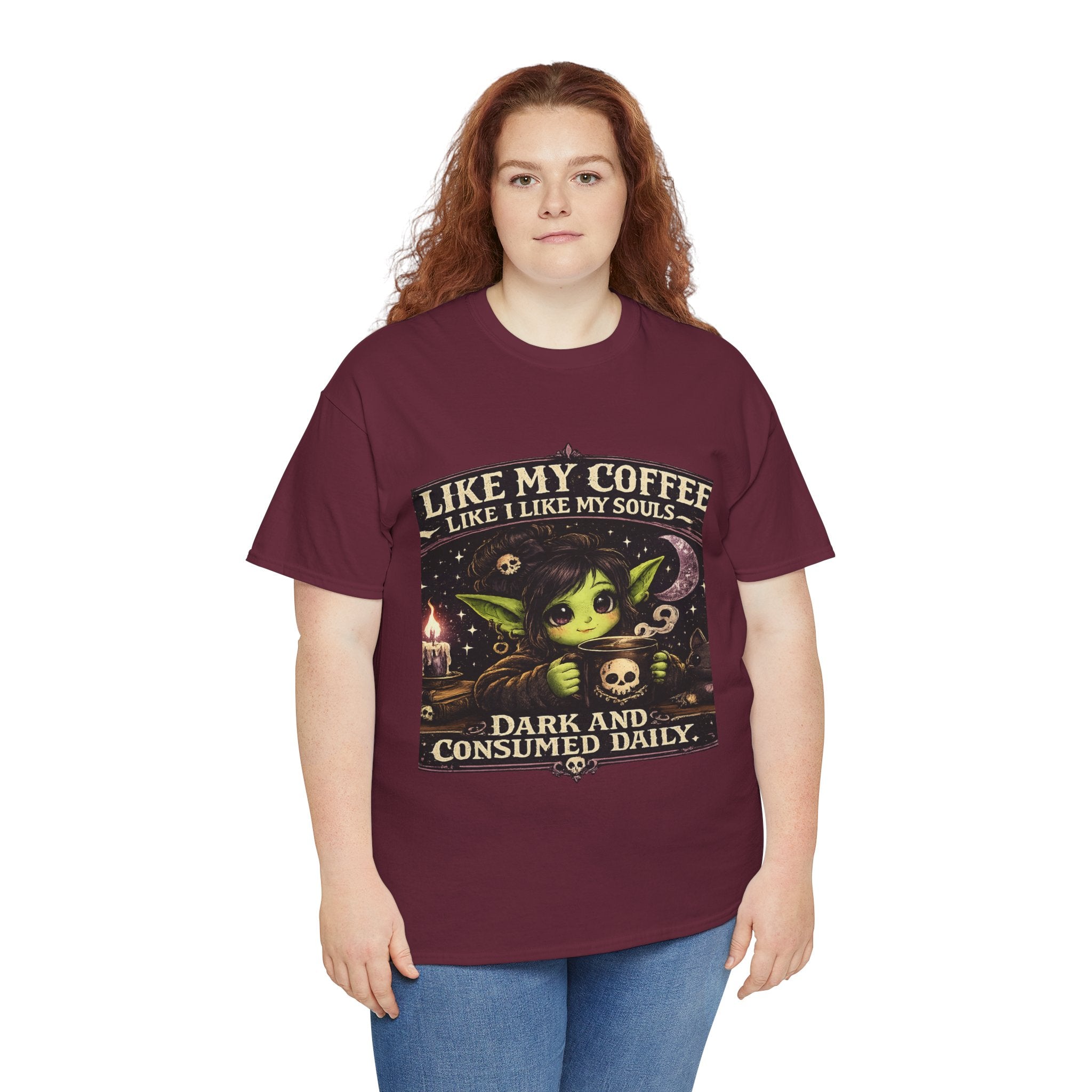 Like My Coffee Tee — "Like My Coffee Like I Like My Souls: Dark and Consumed Daily" Gothic Graphic T-Shirt