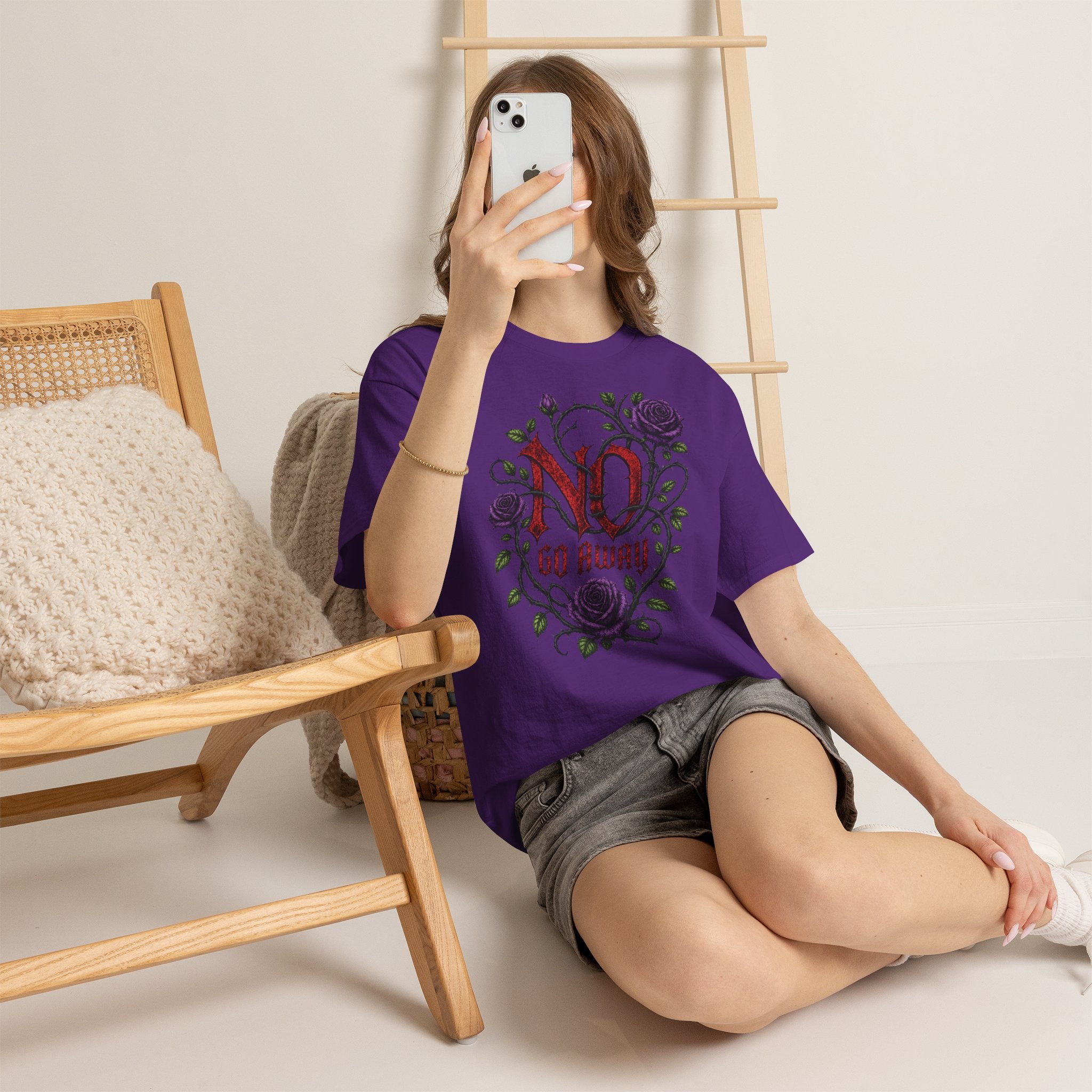 No Go Away T-Shirt | Gothic Purple Roses, Dark Floral Typography