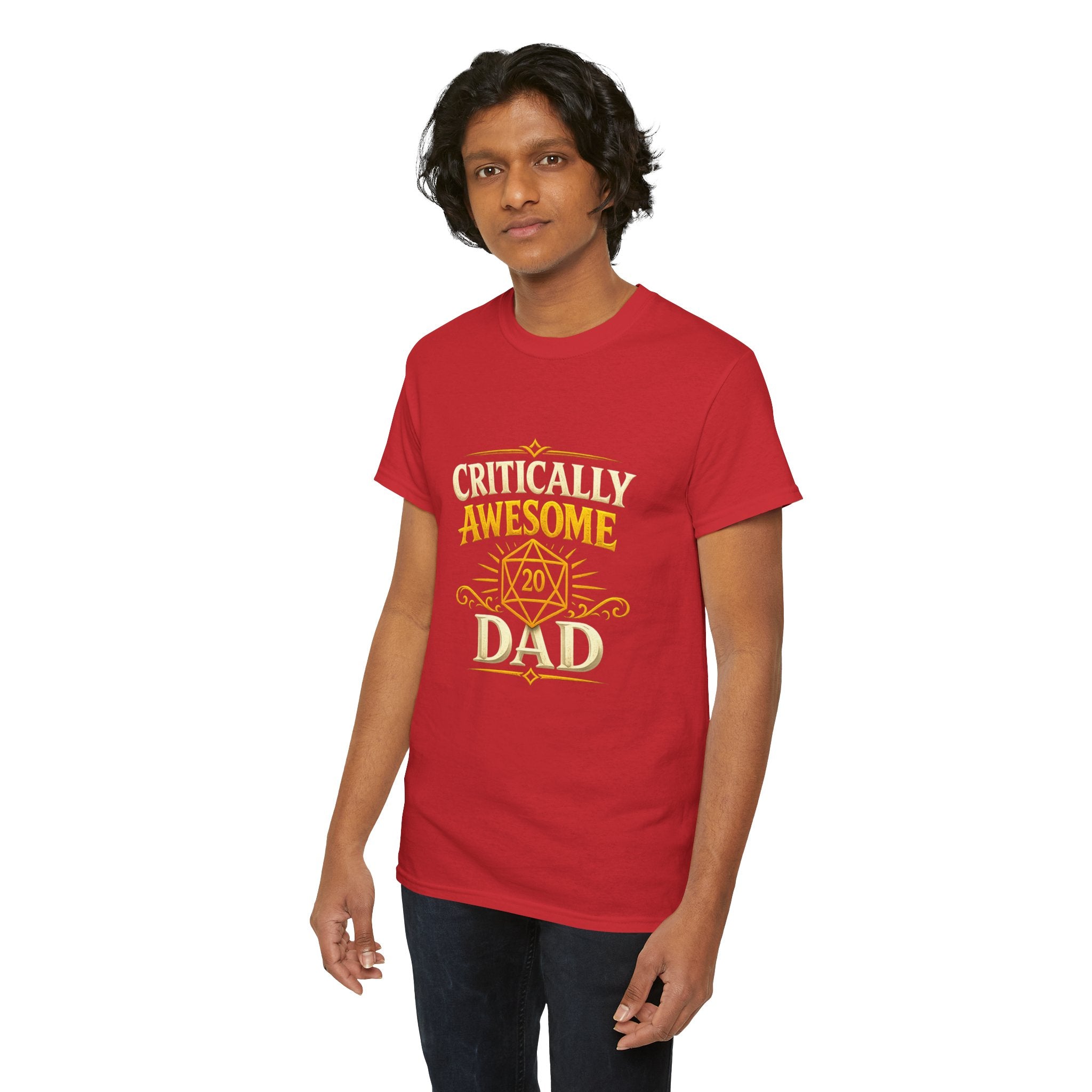 Critically Awesome Dad T‑Shirt – Gold D20 Gaming Father Tee (Father’s Day, Gamer Dad Gift)