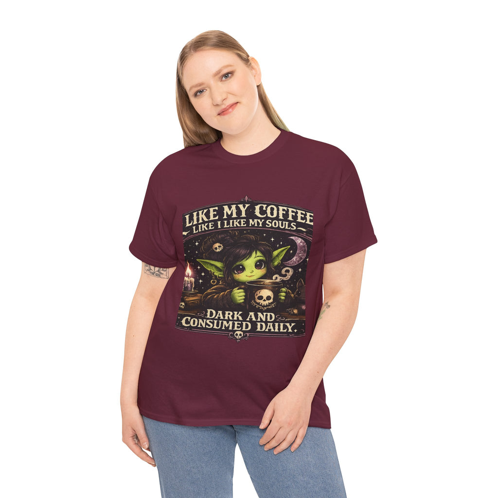 Like My Coffee Tee — "Like My Coffee Like I Like My Souls: Dark and Consumed Daily" Gothic Graphic T-Shirt