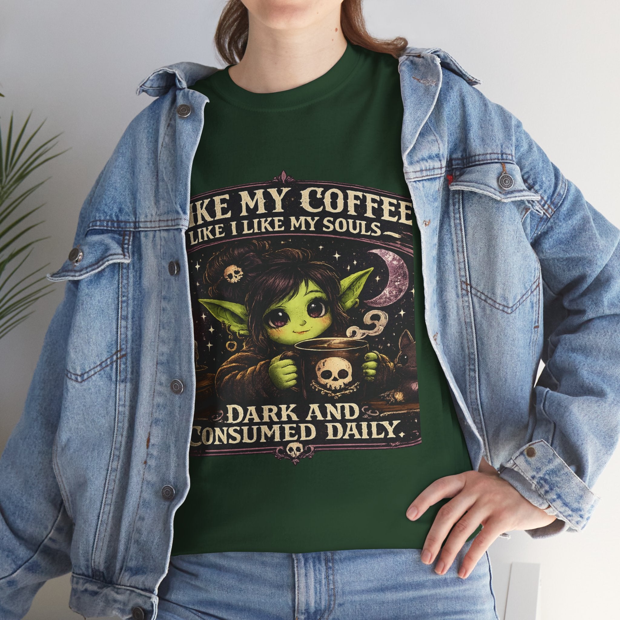 Like My Coffee Tee — "Like My Coffee Like I Like My Souls: Dark and Consumed Daily" Gothic Graphic T-Shirt