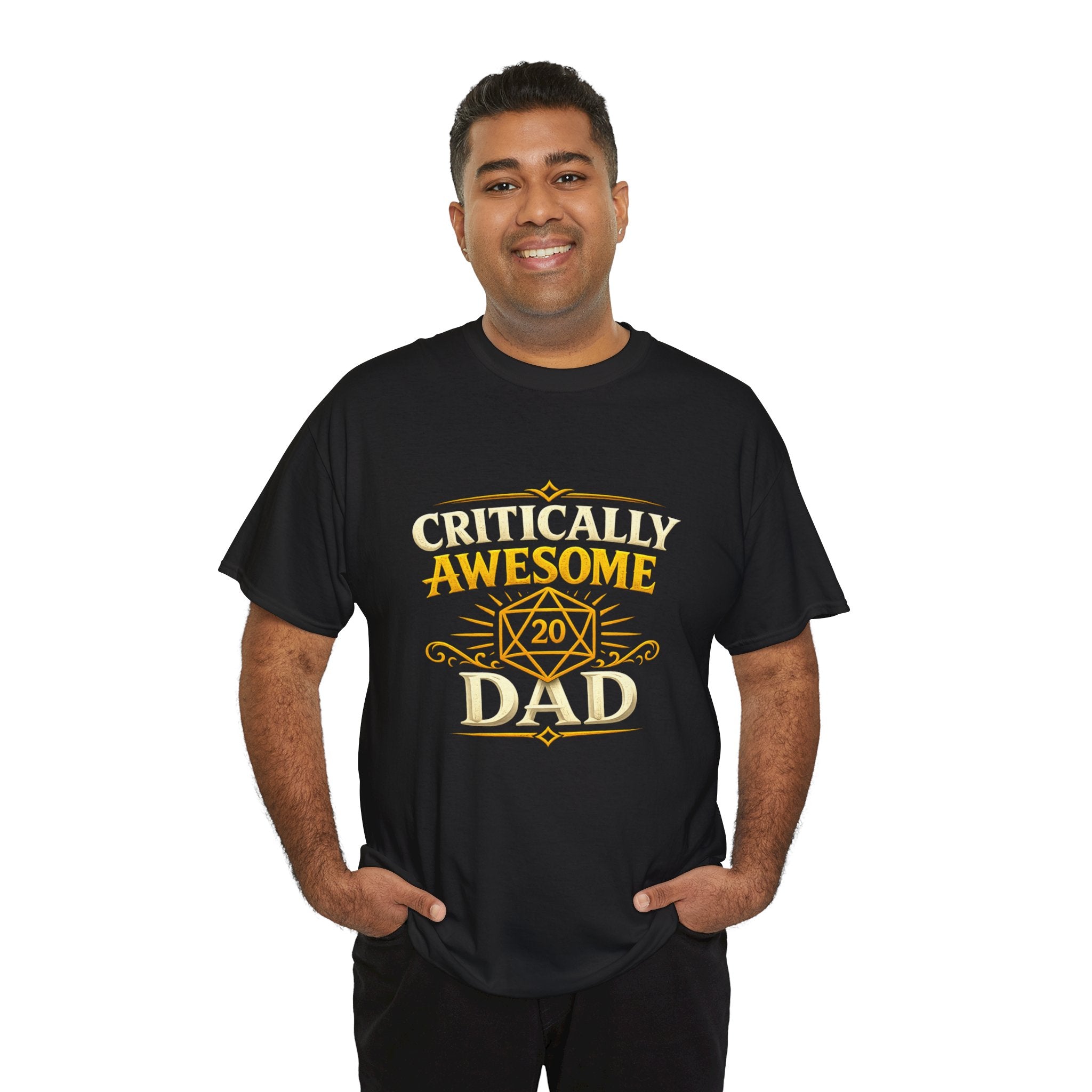Critically Awesome Dad T‑Shirt – Gold D20 Gaming Father Tee (Father’s Day, Gamer Dad Gift)
