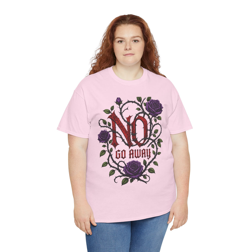 No Go Away T-Shirt | Gothic Purple Roses, Dark Floral Typography