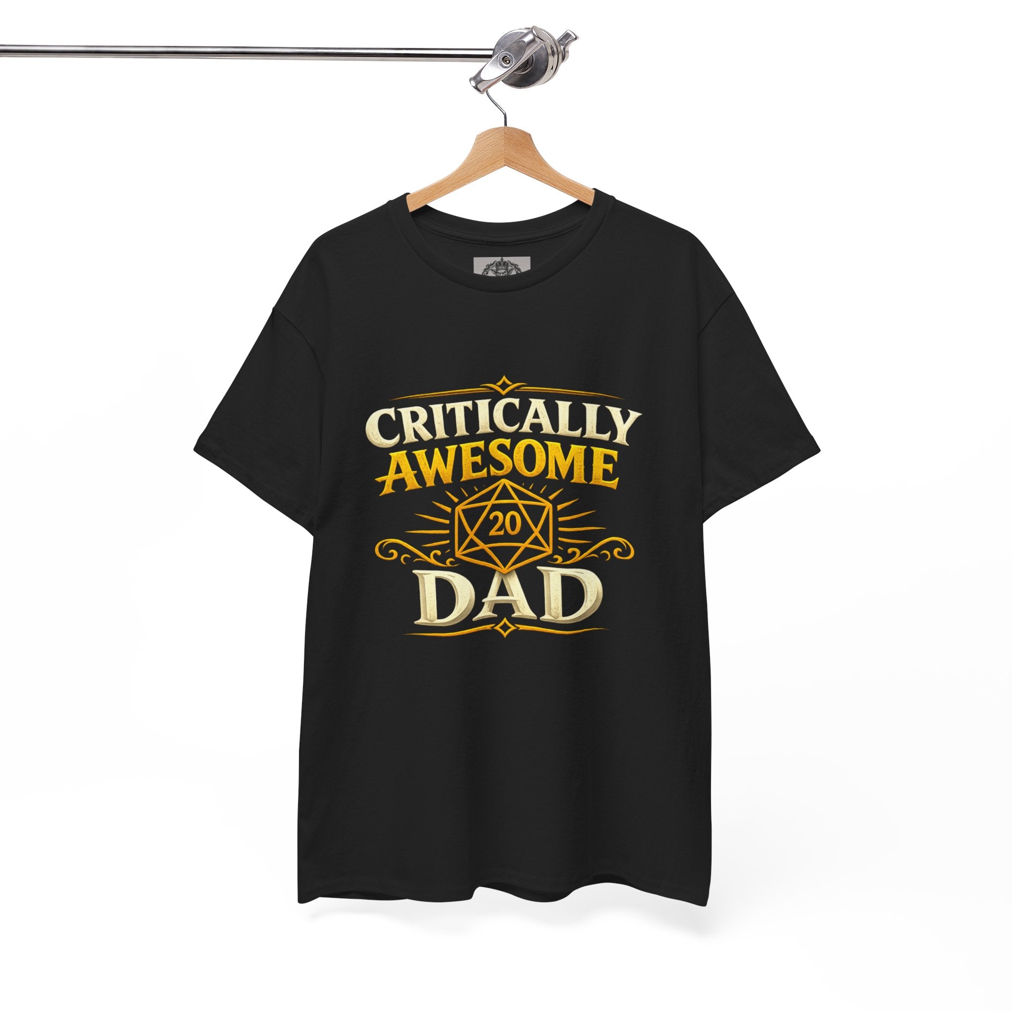 Critically Awesome Dad T‑Shirt – Gold D20 Gaming Father Tee (Father’s Day, Gamer Dad Gift)
