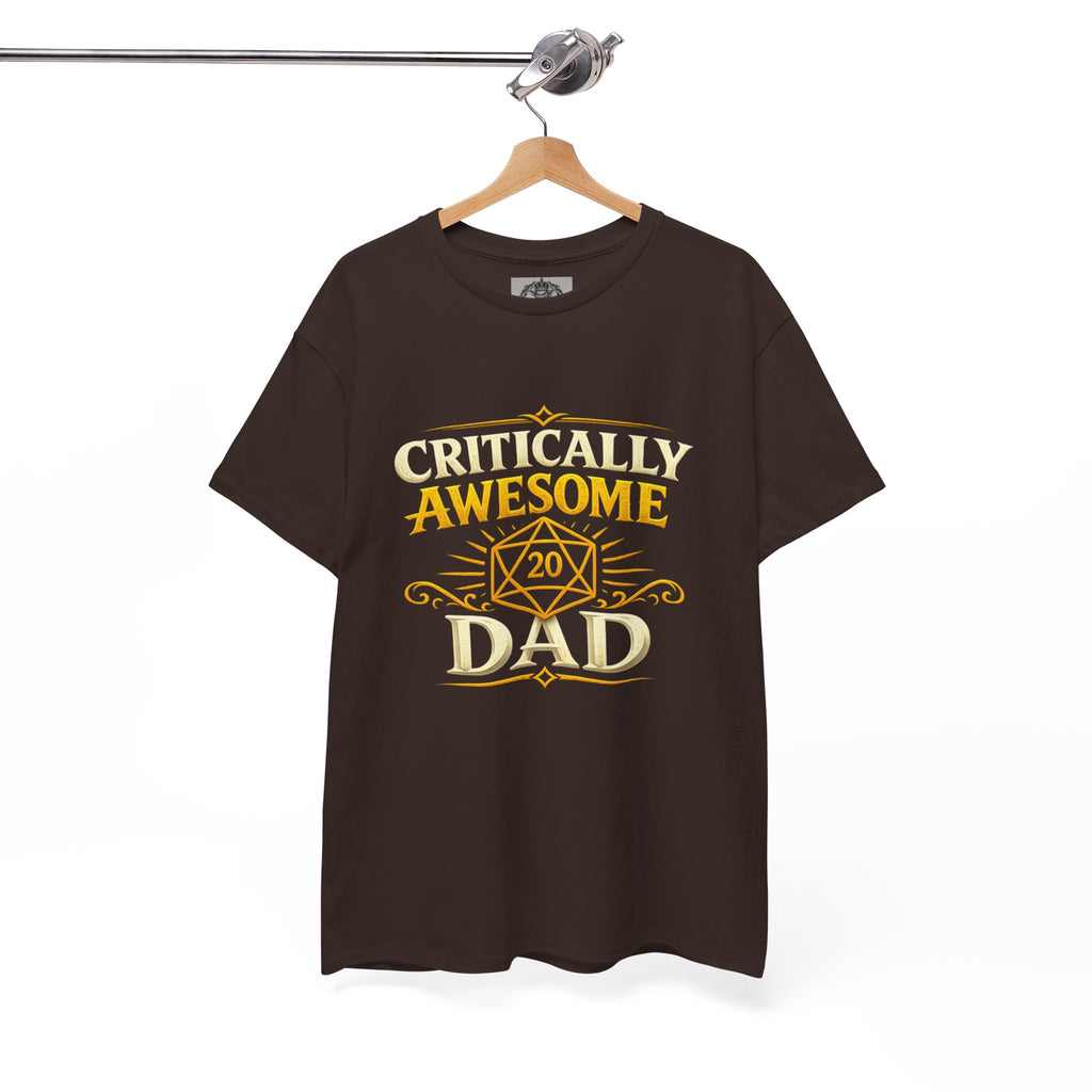 Critically Awesome Dad T‑Shirt – Gold D20 Gaming Father Tee (Father’s Day, Gamer Dad Gift)