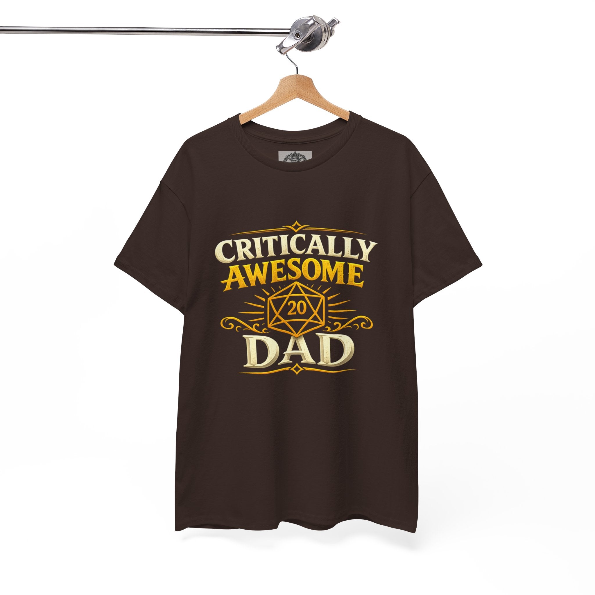 Critically Awesome Dad T‑Shirt – Gold D20 Gaming Father Tee (Father’s Day, Gamer Dad Gift)