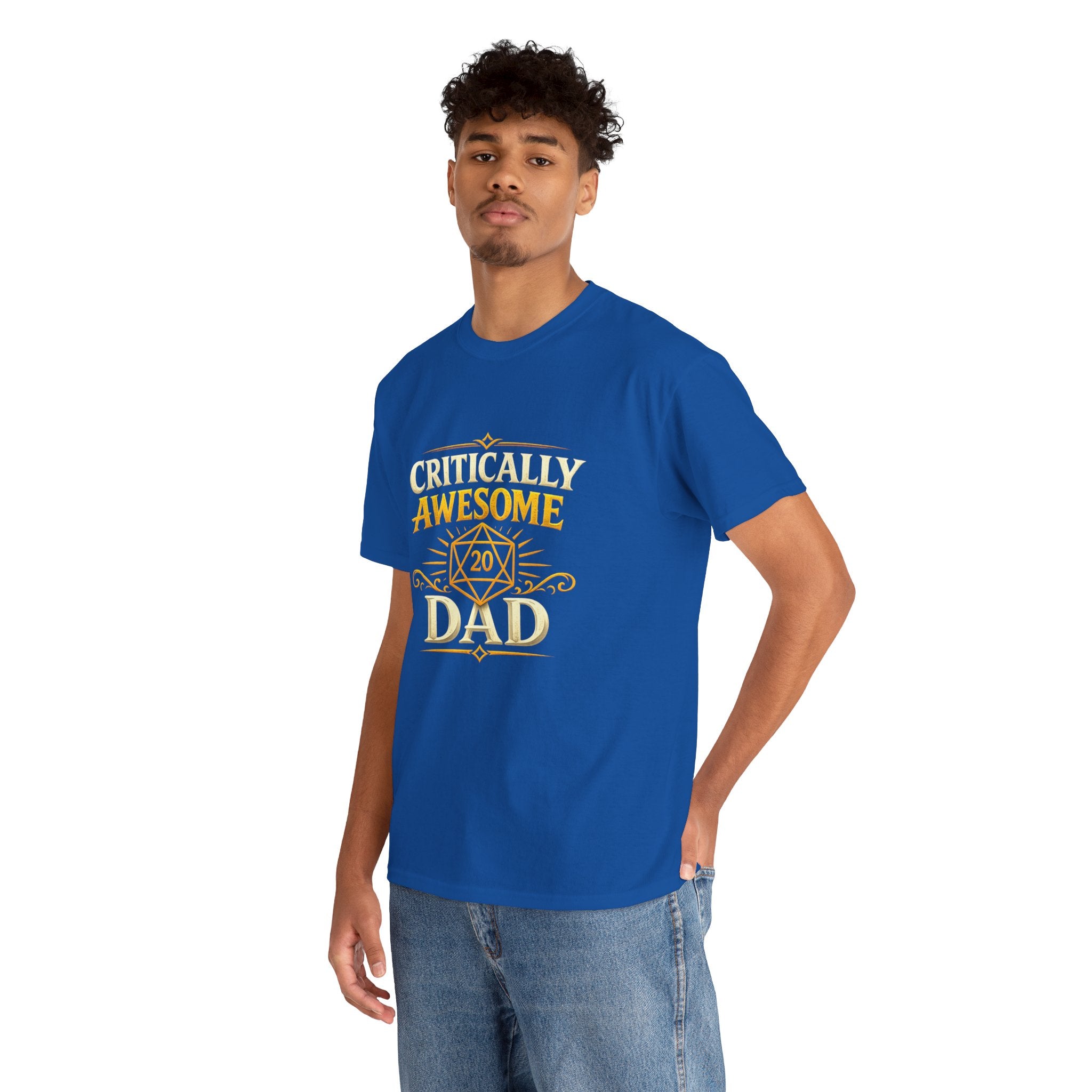 Critically Awesome Dad T‑Shirt – Gold D20 Gaming Father Tee (Father’s Day, Gamer Dad Gift)