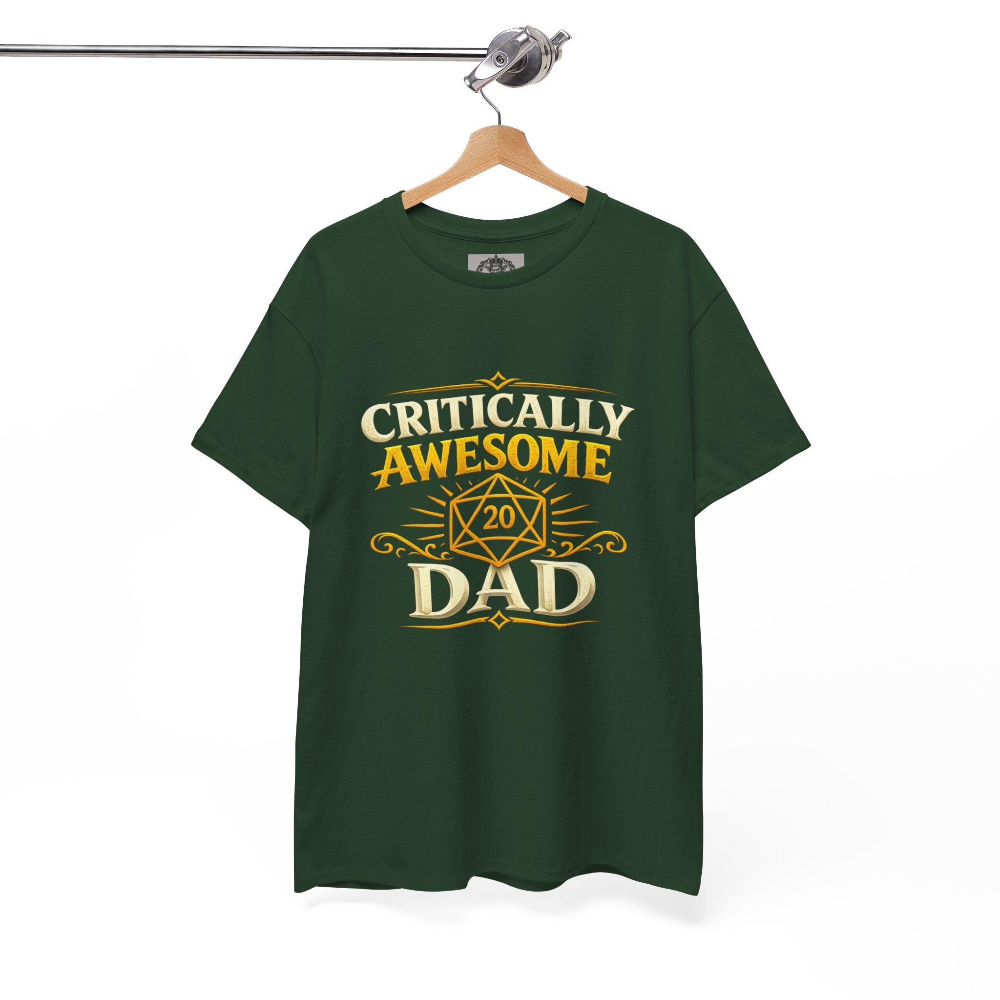 Critically Awesome Dad T‑Shirt – Gold D20 Gaming Father Tee (Father’s Day, Gamer Dad Gift)