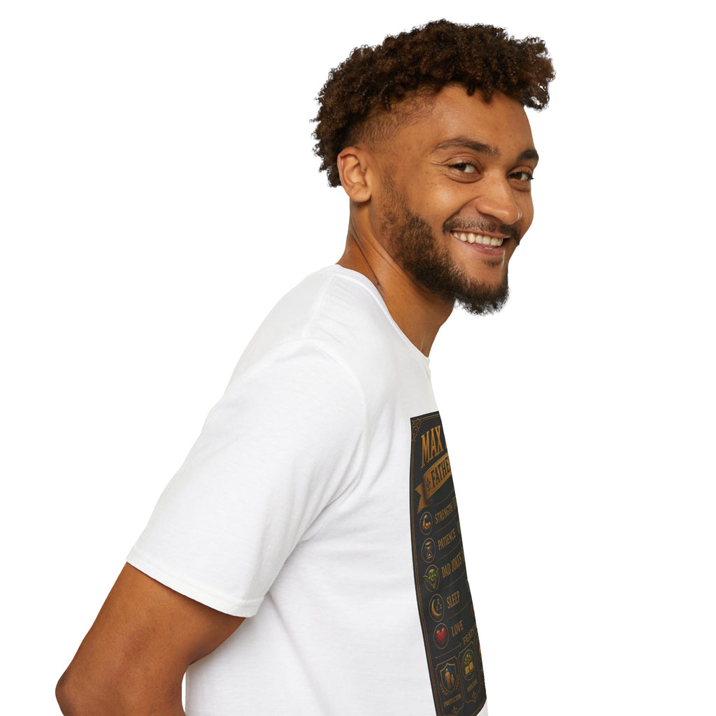 T-Shirt — "Max Level Father Class" Funny Gamer Dad Shirt (Strength, Patience, Dad Jokes)