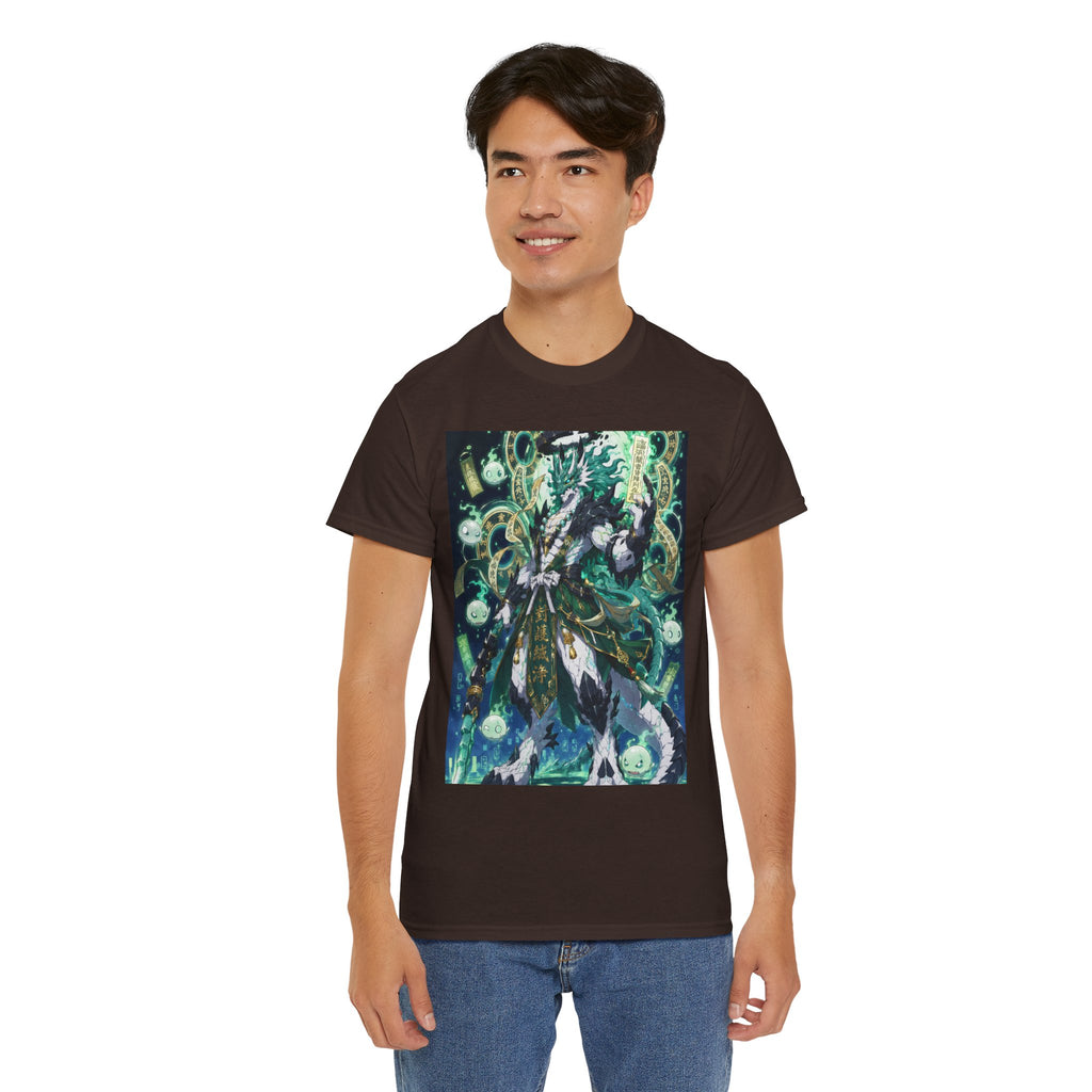Mystic Forest Sorcerer T-Shirt | Fantasy Mage Illustration, Green Aura
