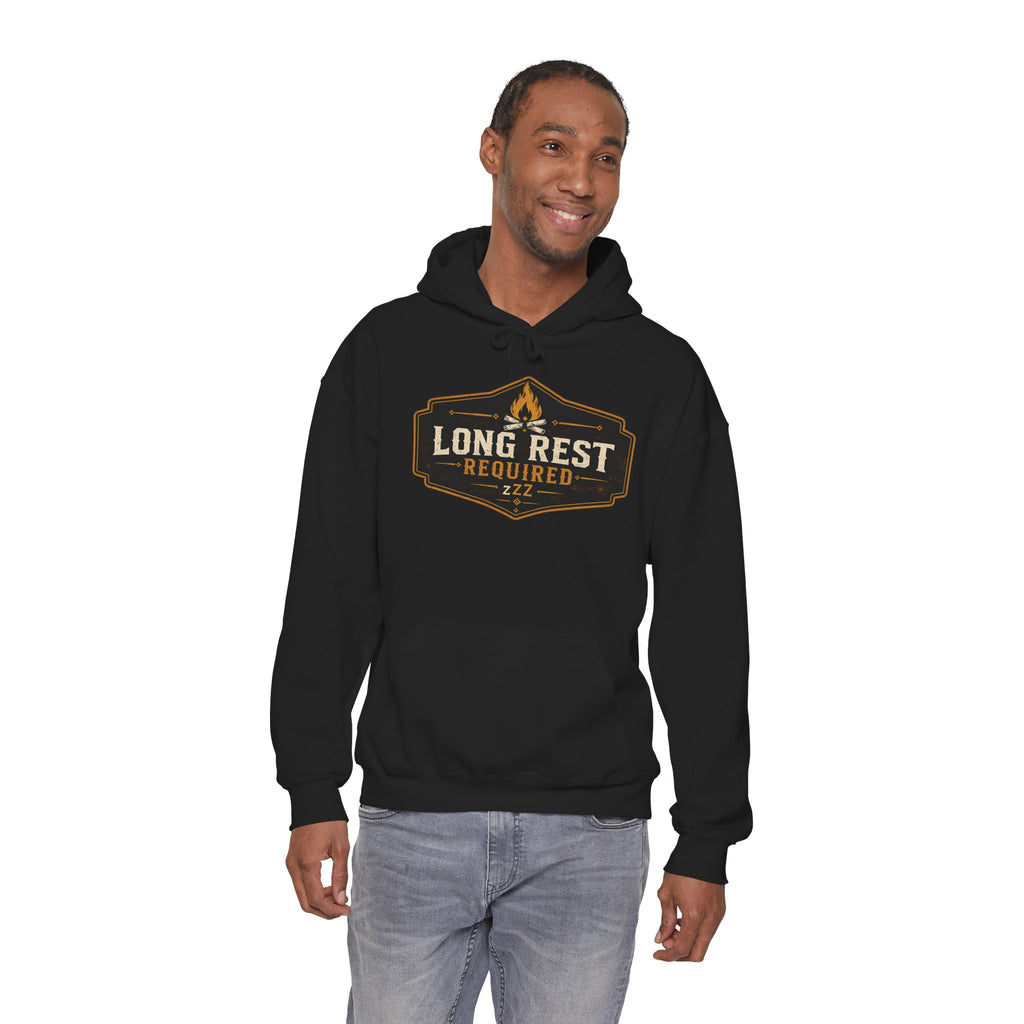 Long Rest Required Hoodie — Camping Campfire Graphic Pullover