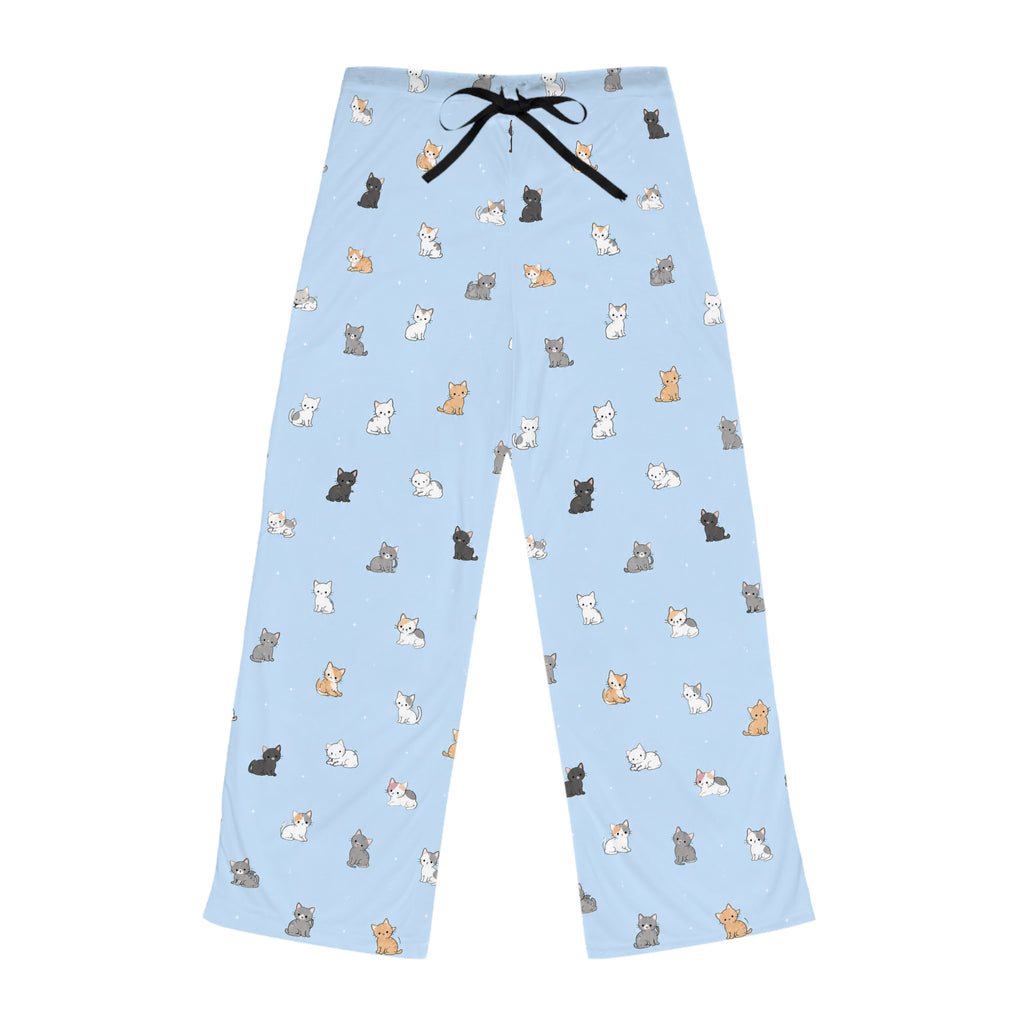 Cat Print Women's Pajama Pants – Light Blue All-Over Cute Kitten Lounge Pants